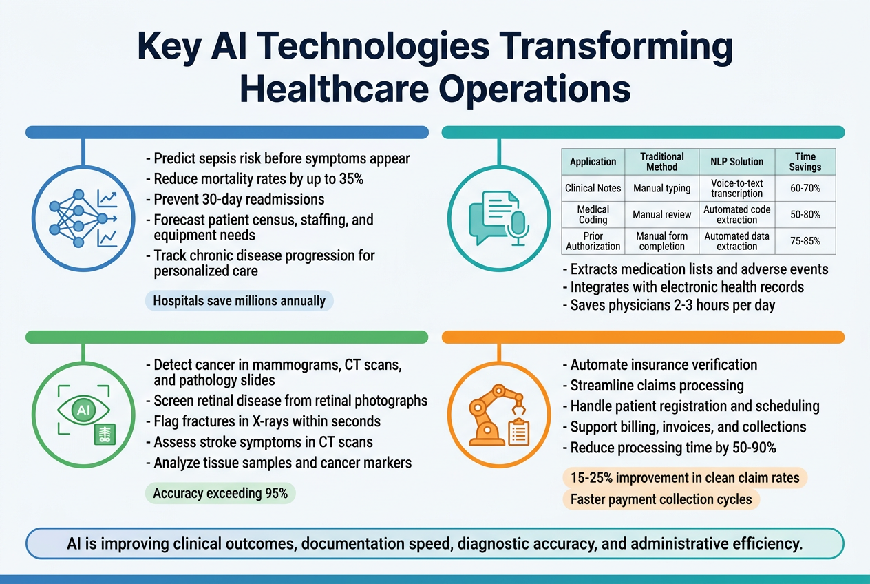 Aspect ratio 3:2, full-bleed professional healthcare infographic, clean modern flat vector style, white background with blue, teal, green, and orange accents, bold sans-serif typography.

Top center: large bold title in dark navy text, exactly "Key AI Technologies Transforming Healthcare Operations".

Below the title, arrange four wide horizontal content blocks in a 2x2 grid, each with a colored header bar, a simple circular icon on the left, and concise bullet points on the right. Use clear visual hierarchy, subtle dividers, and a polished corporate medical style.

Top-left block:
Header text: "1. Machine Learning Algorithms for Predictive Analytics"
Icon: a blue neural network / line-chart icon.
Bullets:
- "Predict sepsis risk before symptoms appear"
- "Reduce mortality rates by up to 35%"
- "Prevent 30-day readmissions"
- "Forecast patient census, staffing, and equipment needs"
- "Track chronic disease progression for personalized care"
Small callout text at bottom: "Hospitals save millions annually"

Top-right block:
Header text: "2. Natural Language Processing for Medical Documentation"
Icon: a teal speech bubble with a document and microphone.
Include a compact 3-column mini table with exact headers:
"Application | Traditional Method | NLP Solution | Time Savings"
Rows:
"Clinical Notes | Manual typing | Voice-to-text transcription | 60-70%"
"Medical Coding | Manual review | Automated code extraction | 50-80%"
"Prior Authorization | Manual form completion | Automated data extraction | 75-85%"
Add small supporting bullet text below:
- "Extracts medication lists and adverse events"
- "Integrates with electronic health records"
- "Saves physicians 2-3 hours per day"

Bottom-left block:
Header text: "3. Computer Vision for Diagnostic Imaging"
Icon: a green AI eye with scan lines and an X-ray frame.
Bullets:
- "Detect cancer in mammograms, CT scans, and pathology slides"
- "Screen retinal disease from retinal photographs"
- "Flag fractures in X-rays within seconds"
- "Assess stroke symptoms in CT scans"
- "Analyze tissue samples and cancer markers"
Add a small highlight label: "Accuracy exceeding 95%"

Bottom-right block:
Header text: "4. Robotic Process Automation for Administrative Tasks"
Icon: an orange robot arm with gears and a clipboard.
Bullets:
- "Automate insurance verification"
- "Streamline claims processing"
- "Handle patient registration and scheduling"
- "Support billing, invoices, and collections"
- "Reduce processing time by 50-90%"
Add small highlight labels:
"15-25% improvement in clean claim rates"
"Faster payment collection cycles"

Bottom strip across the full width: a thin summary banner with a subtle gradient from blue to teal, containing centered text:
"AI is improving clinical outcomes, documentation speed, diagnostic accuracy, and administrative efficiency."

Use clean icons, sharp readable text, balanced spacing, and wide landscape composition with no poster frame, no inset border, no dense clutter.