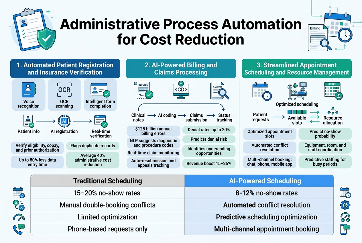 Create a full-bleed 3:2 landscape infographic with a clean modern healthcare-tech style, white background with blue, teal, and green accents, bold sans-serif typography, subtle gradients, thin line dividers, and crisp flat vector icons. Place a large bold title across the top center: "Administrative Process Automation for Cost Reduction".

Below the title, design three wide horizontal content sections in a 3-column layout with clear numbered headers, each with an icon and concise supporting text.

LEFT SECTION:
Header text: "1. Automated Patient Registration and Insurance Verification"
Include a blue patient registration icon, an OCR scan icon, and an insurance card with a checkmark. Show a small flow diagram from "Patient info" to "AI registration" to "Real-time verification". Add these short text callouts in rounded boxes:
"Voice recognition"
"OCR scanning"
"Intelligent form completion"
"Up to 80% less data entry time"
"Verify eligibility, copay, and prior authorization"
"Flags duplicate records"
"Average 40% administrative cost reduction"

CENTER SECTION:
Header text: "2. AI-Powered Billing and Claims Processing"
Include an invoice icon, a medical coding icon, and a claims document with a magnifying glass. Show a workflow arrow line from "Clinical notes" to "AI coding" to "Claims submission" to "Status tracking". Add these short text callouts in stacked boxes:
"$125 billion annual billing errors"
"Denial rates up to 20%"
"NLP suggests diagnostic and procedure codes"
"Real-time claim monitoring"
"Auto-resubmission and appeals tracking"
"Predicts denial risk"
"Identifies undercoding opportunities"
"Revenue boost 15–25%"

RIGHT SECTION:
Header text: "3. Streamlined Appointment Scheduling and Resource Management"
Include a calendar icon, a clock icon, a hospital room/equipment icon, and a staff schedule icon. Show an optimized scheduling graphic with arrows connecting patient requests, available slots, and resource allocation. Add these short text callouts in stacked boxes:
"Optimized appointment slots"
"Predict no-show probability"
"Automated conflict resolution"
"Multi-channel booking: chat, phone, mobile app"
"Equipment, room, and staff coordination"
"Predictive staffing for busy periods"

At the bottom, place a wide comparison table spanning the full width with a light gray header row and blue highlight on the right column. Include exactly these labels and values:

Header row:
"Traditional Scheduling"
"AI-Powered Scheduling"

Row 1:
"15–20% no-show rates"
"8–12% no-show rates"

Row 2:
"Manual double-booking conflicts"
"Automated conflict resolution"

Row 3:
"Limited optimization"
"Predictive scheduling optimization"

Row 4:
"Phone-based requests only"
"Multi-channel appointment booking"

Use small matching icons beside each row in the table. Add subtle healthcare visuals like a clipboard, shield, billing document, calendar, and network lines. Keep spacing balanced, with strong visual hierarchy, clear section boxes, and no empty narrow center stack.
