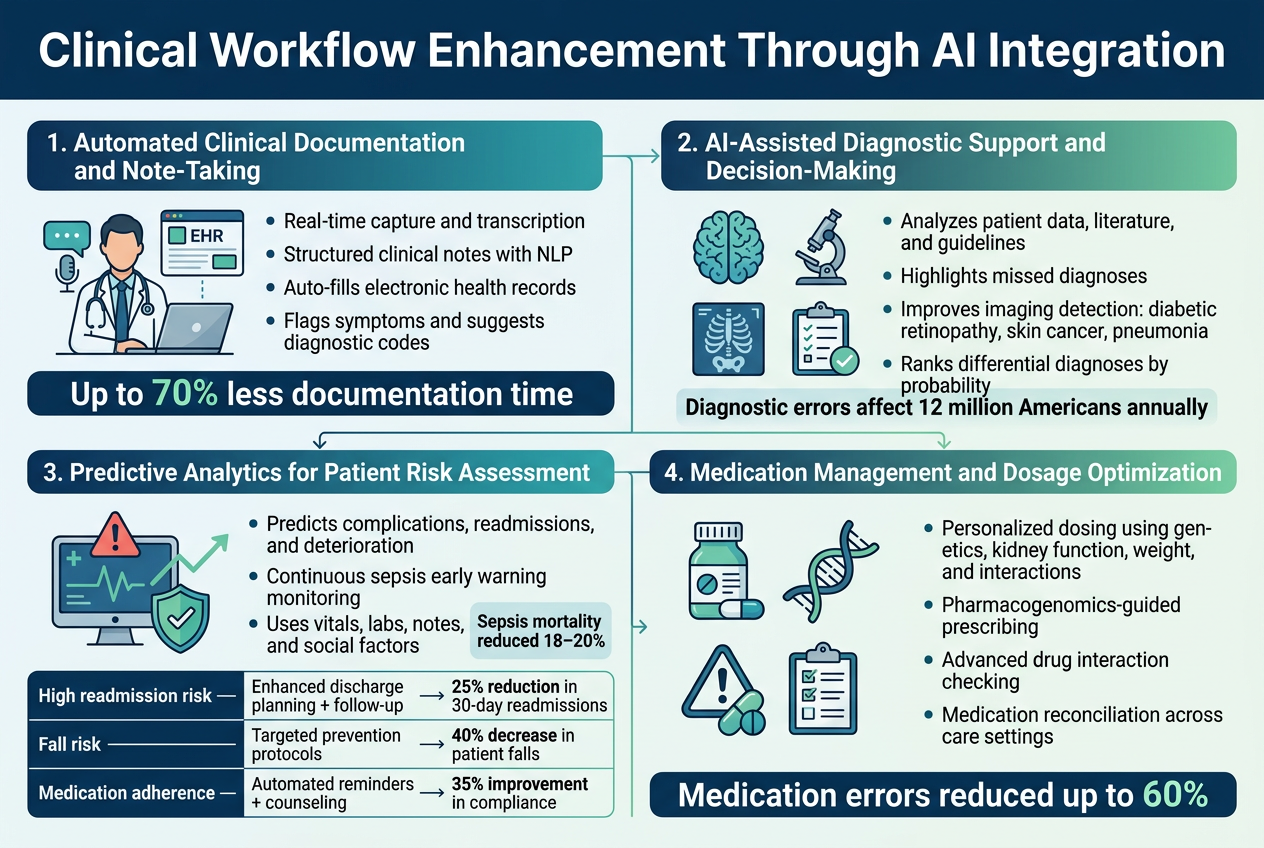 Create a clean, professional landscape infographic in a 3:2 aspect ratio with a full-bleed layout, no poster frame, no inset margins, and a modern medical tech style. Use a white background with deep blue, teal, and light green accents, subtle gradients, and crisp sans-serif fonts. Place a large bold title across the top: "Clinical Workflow Enhancement Through AI Integration".

Below the title, arrange four wide horizontal sections in a 2x2 grid with clear visual separation, each with a colored header bar, a simple icon, and concise text blocks.

Section 1, top-left:
Header text: "1. Automated Clinical Documentation and Note-Taking"
Show an icon of a doctor speaking into a microphone with a laptop and an EHR screen.
Include short bullet text:
"Real-time capture and transcription"
"Structured clinical notes with NLP"
"Auto-fills electronic health records"
"Flags symptoms and suggests diagnostic codes"
Add a prominent callout badge: "Up to 70% less documentation time"

Section 2, top-right:
Header text: "2. AI-Assisted Diagnostic Support and Decision-Making"
Show icons of a brain, microscope, radiology scan, and checklist.
Include short bullet text:
"Analyzes patient data, literature, and guidelines"
"Highlights missed diagnoses"
"Improves imaging detection: diabetic retinopathy, skin cancer, pneumonia"
"Ranks differential diagnoses by probability"
Add a small statistic badge: "Diagnostic errors affect 12 million Americans annually"

Section 3, bottom-left:
Header text: "3. Predictive Analytics for Patient Risk Assessment"
Show an icon of a hospital monitor with warning symbol, shield, and rising line graph.
Include short bullet text:
"Predicts complications, readmissions, and deterioration"
"Continuous sepsis early warning monitoring"
"Uses vitals, labs, notes, comorbidities, and social factors"
Add a compact three-row mini-table with bold labels:
"High readmission risk — Enhanced discharge planning + follow-up — 25% reduction in 30-day readmissions"
"Fall risk — Targeted prevention protocols — 40% decrease in patient falls"
"Medication adherence — Automated reminders + counseling — 35% improvement in compliance"
Add a callout badge: "Sepsis mortality reduced 18–20%"

Section 4, bottom-right:
Header text: "4. Medication Management and Dosage Optimization"
Show icons of a pill bottle, DNA helix, drug interaction warning symbol, and medication checklist.
Include short bullet text:
"Personalized dosing using genetics, kidney function, weight, and interactions"
"Pharmacogenomics-guided prescribing"
"Advanced drug interaction checking"
"Medication reconciliation across care settings"
"Real-time monitoring of effectiveness and side effects"
Add a bold stat badge: "Medication errors reduced up to 60%"

Use a clear visual hierarchy with large headers, medium body text, and bold statistic callouts. Add thin connecting lines and subtle arrows between sections to suggest workflow improvement. Keep the layout balanced, airy, and easy to scan, with clean medical illustration icons and no extra text beyond the specified headings, bullets, and statistic badges.