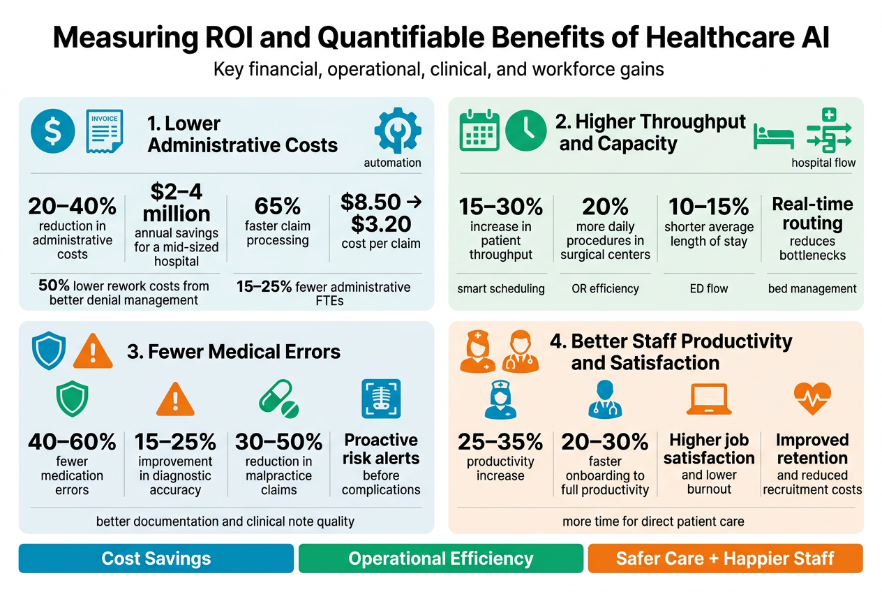 Create a full-bleed professional infographic in a 3:2 aspect ratio, clean modern healthcare style, white background with teal, blue, green, and orange accents, bold sans-serif typography, strong visual hierarchy, and wide horizontal multi-section layout.

TOP HEADER:
Large bold title centered across the top: "Measuring ROI and Quantifiable Benefits of Healthcare AI"
Add a small subtitle under the title in smaller text: "Key financial, operational, clinical, and workforce gains"

MAIN LAYOUT:
Use four wide horizontal panels or two rows of two large sections, each with a distinct colored icon and a bold section heading. Include simple medical/technology icons for each section.

SECTION 1 — LEFT TOP:
Heading: "1. Lower Administrative Costs"
Use a dollar sign, invoice, and automation icon.
Show 4 bold metric callouts with small supporting text:
"20–40% reduction in administrative costs"
"$2–4 million annual savings for a mid-sized hospital"
"65% faster claim processing"
"$8.50 → $3.20 cost per claim"
Add smaller line: "50% lower rework costs from better denial management"
Add smaller line: "15–25% fewer administrative FTEs"

SECTION 2 — RIGHT TOP:
Heading: "2. Higher Throughput and Capacity"
Use calendar, clock, bed, and hospital flow icons.
Show 4 bold metric callouts:
"15–30% increase in patient throughput"
"20% more daily procedures in surgical centers"
"10–15% shorter average length of stay"
"Real-time routing reduces bottlenecks"
Add small supporting labels: "smart scheduling", "OR efficiency", "ED flow", "bed management"

SECTION 3 — LEFT BOTTOM:
Heading: "3. Fewer Medical Errors"
Use shield, alert, medication, and diagnostic scan icons.
Show 4 bold metric callouts:
"40–60% fewer medication errors"
"15–25% improvement in diagnostic accuracy"
"30–50% reduction in malpractice claims"
"Proactive risk alerts before complications"
Add smaller line: "better documentation and clinical note quality"

SECTION 4 — RIGHT BOTTOM:
Heading: "4. Better Staff Productivity and Satisfaction"
Use nurse, physician, laptop, and heart/engagement icons.
Show 4 bold metric callouts:
"25–35% productivity increase"
"20–30% faster onboarding to full productivity"
"Higher job satisfaction and lower burnout"
"Improved retention and reduced recruitment costs"
Add smaller line: "more time for direct patient care"

BOTTOM STRIP / SUMMARY BAND:
Across the bottom, add a colored summary bar with three concise outcome badges:
"Cost Savings"
"Operational Efficiency"
"Safer Care + Happier Staff"

STYLE:
Use clear spacing, clean grid alignment, large readable text, subtle dividers between sections, and crisp flat vector icons. Emphasize key numbers in bold and larger font. Keep the design uncluttered, balanced, and premium.
