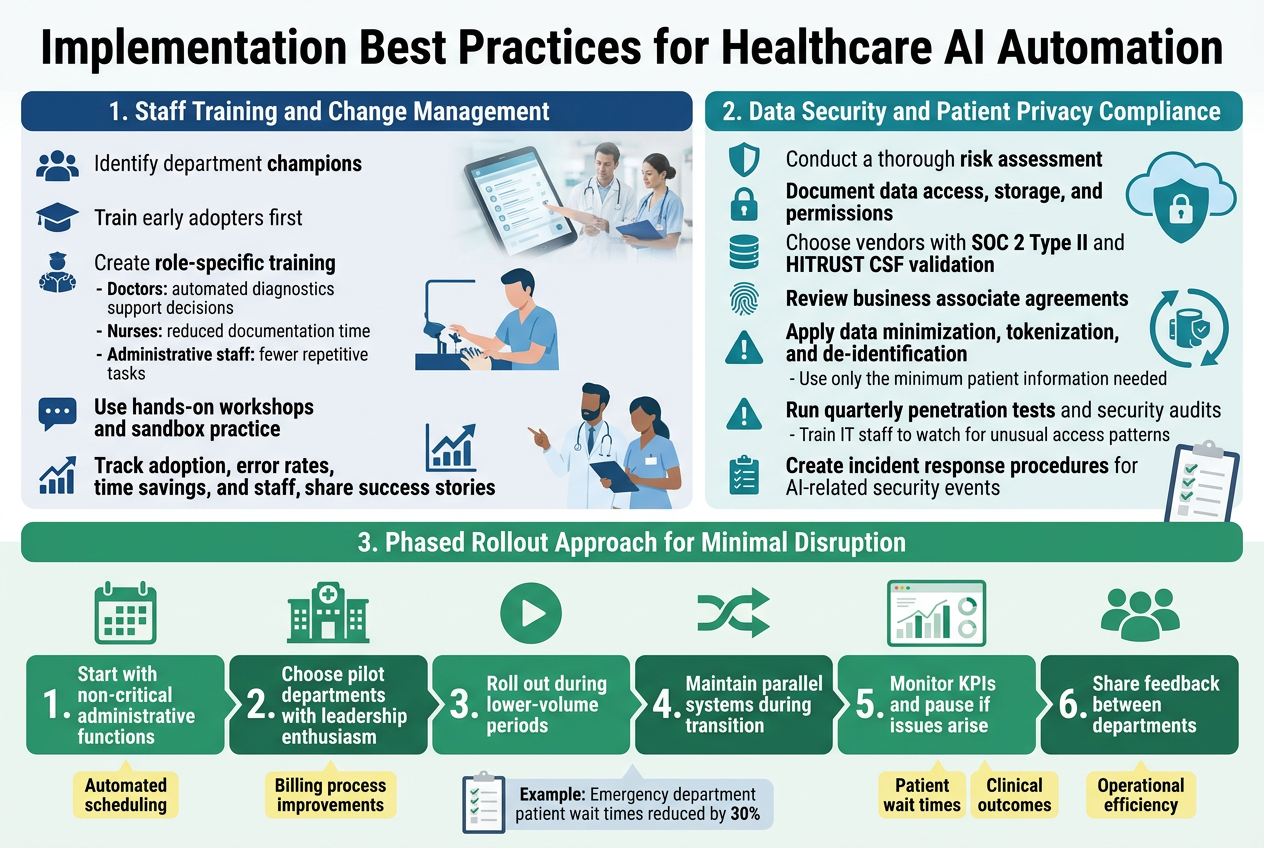 Create a clean professional healthcare infographic in a full-bleed 3:2 landscape layout, wide horizontal composition, no frame, no inset border, no narrow centered stack. Use a white background with deep blue, teal, and green accents, subtle light-gray dividers, modern sans-serif font, strong visual hierarchy, and clear iconography. Add a bold top heading across the full width:

"Implementation Best Practices for Healthcare AI Automation"

Below the title, organize the content into three wide horizontal sections with distinct colored header bars and numbered points, using icons beside each point.

SECTION 1 on the upper left and center:
Header text: "1. Staff Training and Change Management"
Use a blue header bar and icons: people, graduation cap, workshop hands-on, chat bubble, upward chart.

Include these numbered points in short readable lines:
"1. Identify department champions"
"2. Train early adopters first"
"3. Create role-specific training"
"4. Use hands-on workshops and sandbox practice"
"5. Address liability concerns openly"
"6. Track adoption, error rates, time savings, and staff satisfaction"
"7. Celebrate early wins and share success stories"

Add small sublabels under some points in lighter text:
"Doctors: automated diagnostics support decisions"
"Nurses: reduced documentation time"
"Administrative staff: fewer repetitive tasks"

SECTION 2 on the upper right:
Header text: "2. Data Security and Patient Privacy Compliance"
Use a teal header bar and icons: shield, lock, database, fingerprint, alert triangle, checklist.

Include these numbered points:
"1. Conduct a thorough risk assessment"
"2. Document data access, storage, and permissions"
"3. Choose vendors with SOC 2 Type II and HITRUST CSF validation"
"4. Review business associate agreements"
"5. Apply data minimization, tokenization, and de-identification"
"6. Run quarterly penetration tests and security audits"
"7. Create incident response procedures for AI-related security events"

Add small sublabels in lighter text:
"Use only the minimum patient information needed"
"Train IT staff to watch for unusual access patterns"

SECTION 3 across the bottom full width:
Header text: "3. Phased Rollout Approach for Minimal Disruption"
Use a green header bar and icons: calendar, hospital building, play button, parallel arrows, KPI dashboard, teamwork.

Show a horizontal step-by-step rollout timeline with numbered blocks:
"1. Start with non-critical administrative functions"
"2. Choose pilot departments with leadership enthusiasm"
"3. Roll out during lower-volume periods"
"4. Maintain parallel systems during transition"
"5. Monitor KPIs and pause if issues arise"
"6. Share feedback between departments"

Add KPI callouts in small highlighted boxes:
"Automated scheduling"
"Billing process improvements"
"Patient wait times"
"Clinical outcomes"
"Operational efficiency"

Include a small callout banner near the center-bottom with a public success example:
"Example: Emergency department patient wait times reduced by 30%"

Use subtle healthcare visuals throughout: digital tablet, hospital staff, shielded data cloud, workflow arrows, clipboard, and dashboard charts. Keep all text crisp, legible, and evenly spaced with strong alignment and clear separation between sections.