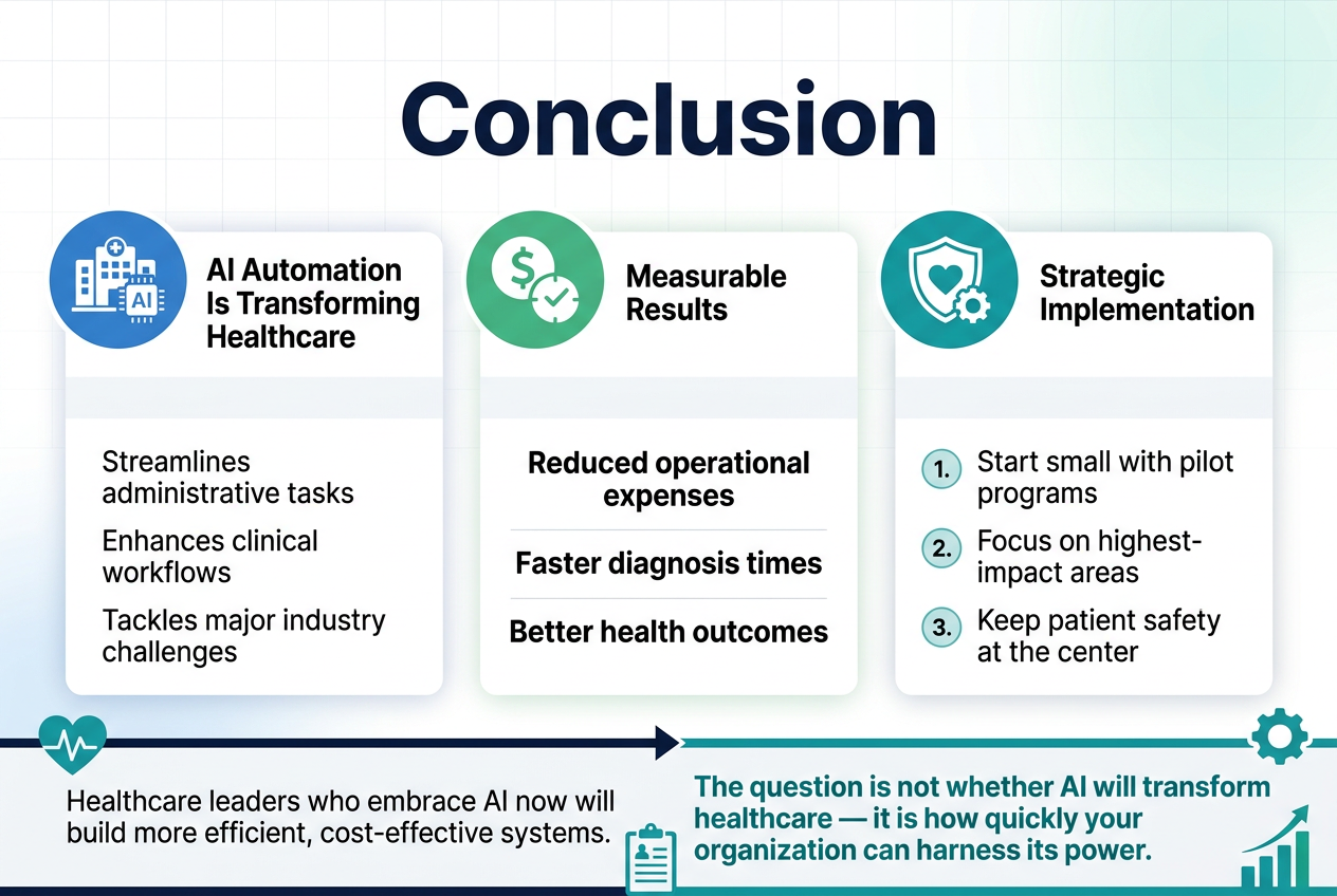 3:2 wide full-bleed professional infographic, clean modern healthcare technology style, white background with blue, teal, and green accents, subtle grid and soft gradient highlights, sans-serif fonts, bold hierarchy.

Top center: large bold heading text in dark navy, "Conclusion"

Below the heading, a wide horizontal three-column layout with clear section cards, each with a colored circular icon at the top-left of the card:

Left card:
- Blue icon of a hospital building with an AI chip overlay
- Section title: "AI Automation Is Transforming Healthcare"
- Body text: "Streamlines administrative tasks"
- Body text: "Enhances clinical workflows"
- Body text: "Tackles major industry challenges"

Center card:
- Green icon of a dollar sign and clock with a checkmark
- Section title: "Measurable Results"
- Three bold metric-style lines:
  "Reduced operational expenses"
  "Faster diagnosis times"
  "Better health outcomes"

Right card:
- Teal icon of a shield with a heart and a small gear
- Section title: "Strategic Implementation"
- Numbered steps with small numbered circles:
  "1. Start small with pilot programs"
  "2. Focus on highest-impact areas"
  "3. Keep patient safety at the center"

Bottom wide banner spanning the full width with a thin dark navy strip and a forward arrow line graphic:
- Left-aligned text: "Healthcare leaders who embrace AI now will build more efficient, cost-effective systems."
- Right-aligned emphasized text in bold teal: "The question is not whether AI will transform healthcare — it is how quickly your organization can harness its power."

Add small supporting visual symbols near the bottom banner: a heart monitor line, a gear, a clipboard, and a rising bar chart. Use clear spacing, balanced margins, polished corporate medical infographic aesthetic, high readability, no extra text.
