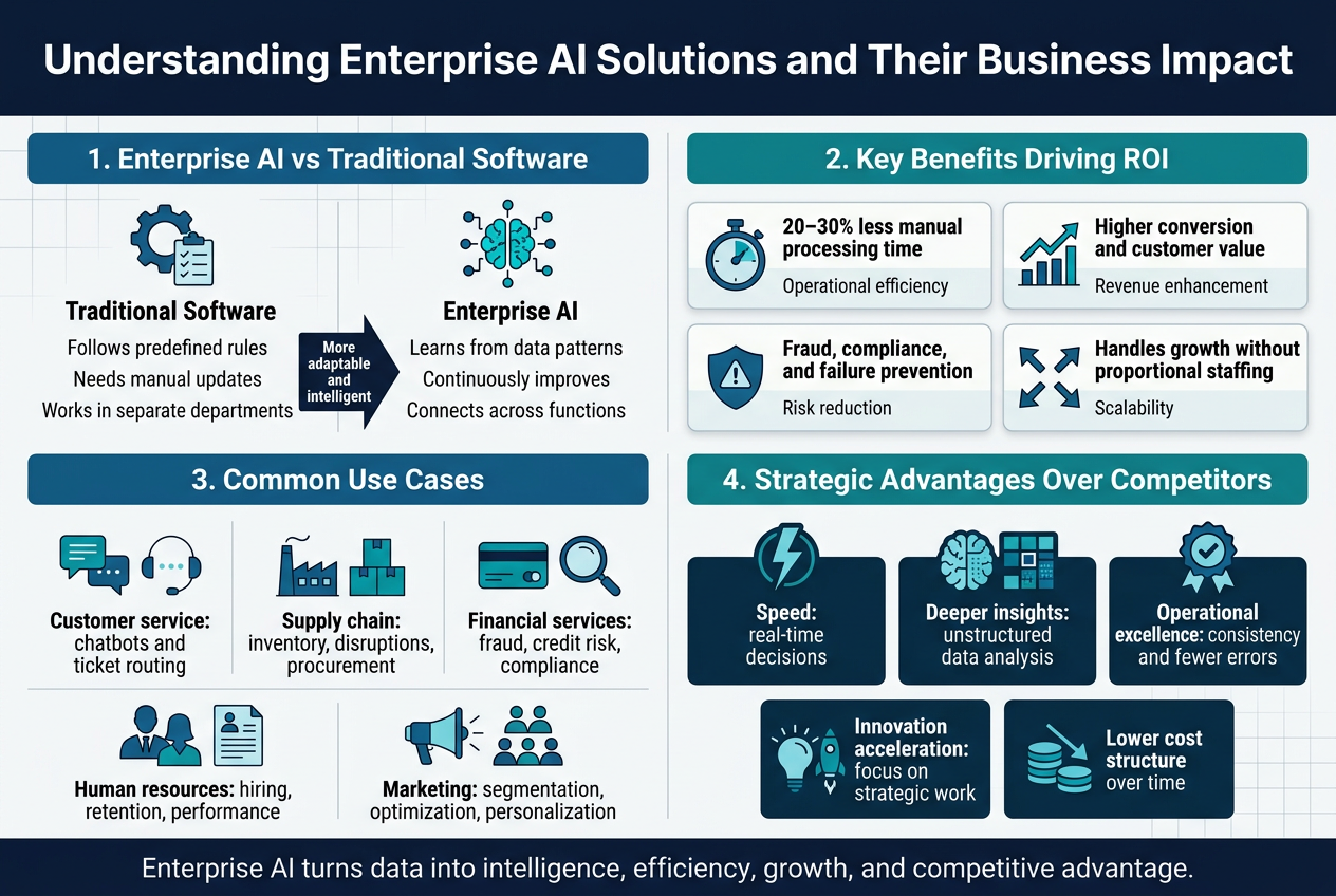 Create a clean, professional full-bleed infographic in a 3:2 aspect ratio with a modern corporate style, dark navy and white background, teal and blue accents, subtle light gray grid lines, and bold sans-serif typography. Place a large bold heading across the top:

"Understanding Enterprise AI Solutions and Their Business Impact"

Use a wide horizontal layout with four main sections arranged in a 2x2 grid beneath the title, each with a distinct colored header bar, simple flat icons, and short text blocks. Keep spacing open and balanced, with no vertical poster frame.

Top-left section header:
"1. Enterprise AI vs Traditional Software"
Show a side-by-side comparison with two columns:
Left column title: "Traditional Software"
- icon: static gear and checklist
- text: "Follows predefined rules"
- text: "Needs manual updates"
- text: "Works in separate departments"

Right column title: "Enterprise AI"
- icon: glowing network brain and data nodes
- text: "Learns from data patterns"
- text: "Continuously improves"
- text: "Connects across functions"

Add a small central arrow between them with the text:
"More adaptable and intelligent"

Top-right section header:
"2. Key Benefits Driving ROI"
Use four horizontal benefit cards with icons:
- icon: stopwatch
  text: "20–30% less manual processing time"
  subtext: "Operational efficiency"
- icon: upward chart
  text: "Higher conversion and customer value"
  subtext: "Revenue enhancement"
- icon: shield with alert mark
  text: "Fraud, compliance, and failure prevention"
  subtext: "Risk reduction"
- icon: expanding arrows
  text: "Handles growth without proportional staffing"
  subtext: "Scalability"

Bottom-left section header:
"3. Common Use Cases"
Use five compact icon rows or tiles:
- icon: chat bubble and headset
  text: "Customer service: chatbots and ticket routing"
- icon: factory and boxes
  text: "Supply chain: inventory, disruptions, procurement"
- icon: bank card and magnifier
  text: "Financial services: fraud, credit risk, compliance"
- icon: people and resume document
  text: "Human resources: hiring, retention, performance"
- icon: megaphone and segmented audience
  text: "Marketing: segmentation, optimization, personalization"

Bottom-right section header:
"4. Strategic Advantages Over Competitors"
Use five bold callout blocks with matching icons:
- icon: lightning bolt
  text: "Speed: real-time decisions"
- icon: brain and data grid
  text: "Deeper insights: unstructured data analysis"
- icon: quality badge
  text: "Operational excellence: consistency and fewer errors"
- icon: lightbulb and rocket
  text: "Innovation acceleration: focus on strategic work"
- icon: stacked coins and downward cost line
  text: "Lower cost structure over time"

Include a slim footer ribbon across the bottom with the text:
"Enterprise AI turns data into intelligence, efficiency, growth, and competitive advantage."

Use clear visual hierarchy, bold section titles, concise readable text, and professional flat vector icons. Make the infographic feel polished, high-tech, and enterprise-focused.