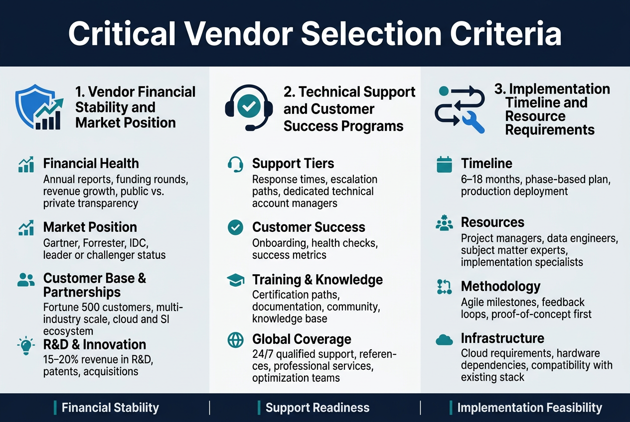 Create a clean professional enterprise infographic in a 3:2 aspect ratio, full-bleed wide layout with no poster frame, using a modern dark navy, teal, blue, and white color palette with subtle light gray section backgrounds. Use bold sans-serif typography. Place a large top heading centered across the width: "Critical Vendor Selection Criteria". 

Arrange the content in three wide horizontal sections or three equal columns across the page, each with a distinct icon and numbered label.

Section 1 on the left: use a blue shield and upward chart icon. Title: "1. Vendor Financial Stability and Market Position". Include four short bullet blocks with small icons:
- "Financial Health" with text: "Annual reports, funding rounds, revenue growth, public vs. private transparency"
- "Market Position" with text: "Gartner, Forrester, IDC, leader or challenger status"
- "Customer Base & Partnerships" with text: "Fortune 500 customers, multi-industry scale, cloud and SI ecosystem"
- "R&D & Innovation" with text: "15–20% revenue in R&D, patents, acquisitions"

Section 2 in the center: use a headset and checkmark icon. Title: "2. Technical Support and Customer Success Programs". Include four short bullet blocks with icons:
- "Support Tiers" with text: "Response times, escalation paths, dedicated technical account managers"
- "Customer Success" with text: "Onboarding, health checks, success metrics"
- "Training & Knowledge" with text: "Certification paths, documentation, community, knowledge base"
- "Global Coverage" with text: "24/7 qualified support, references, professional services, optimization teams"

Section 3 on the right: use a timeline and wrench icon. Title: "3. Implementation Timeline and Resource Requirements". Include four short bullet blocks with icons:
- "Timeline" with text: "6–18 months, phase-based plan, production deployment"
- "Resources" with text: "Project managers, data engineers, subject matter experts, implementation specialists"
- "Methodology" with text: "Agile milestones, feedback loops, proof-of-concept first"
- "Infrastructure" with text: "Cloud requirements, hardware dependencies, compatibility with existing stack"

Add a thin footer strip across the bottom with three small highlighted callouts separated by vertical dividers:
"Financial Stability"
"Support Readiness"
"Implementation Feasibility"

Use clear iconography, strong spacing, crisp alignment, and a polished corporate infographic style. Include only the visible text specified above.