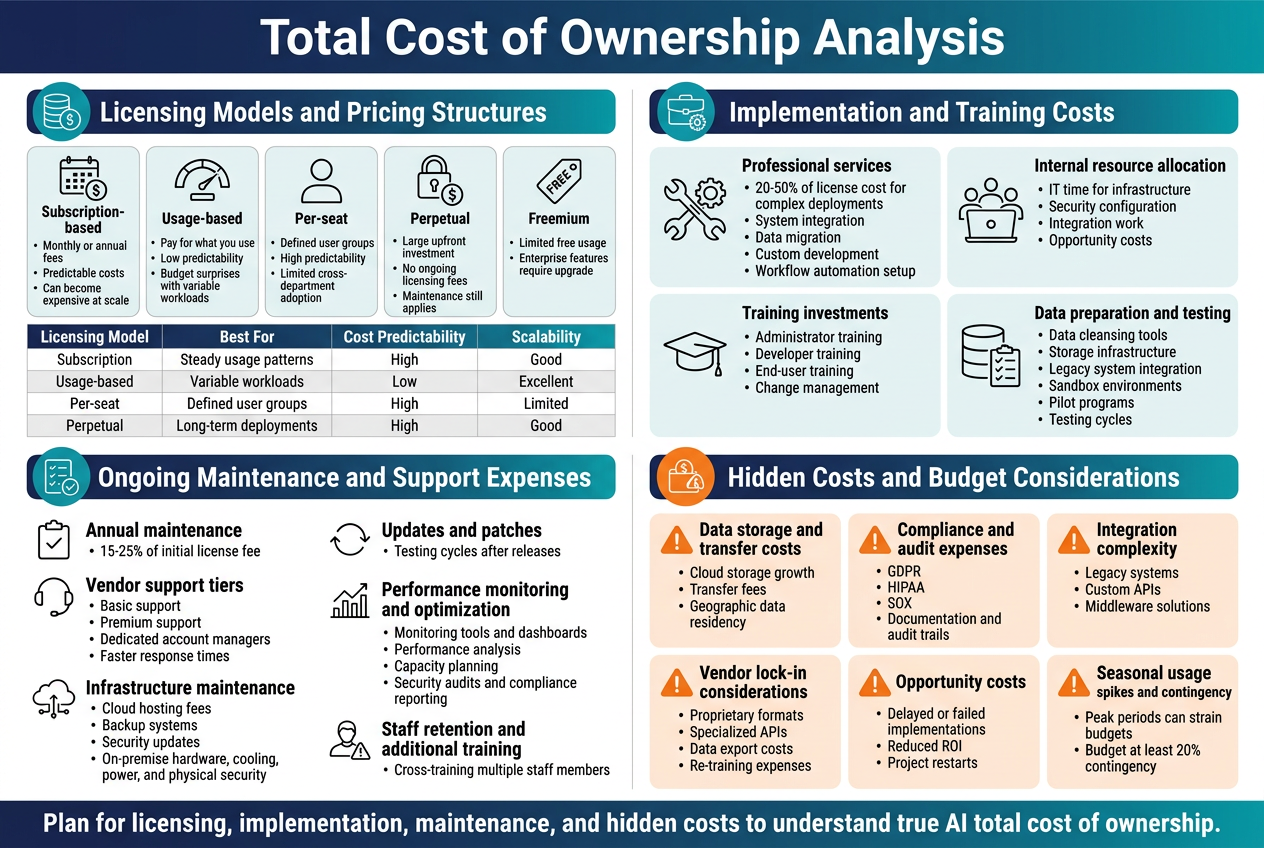 Create a clean professional full-bleed infographic in 3:2 aspect ratio with a modern enterprise style, white background, navy blue and teal accents, orange highlights for warnings, and dark gray body text. Use bold sans-serif typography, strong section headers, simple line icons, and a wide multi-column layout with clear visual hierarchy.

Top full-width header bar with a navy gradient and large bold white title:
"Total Cost of Ownership Analysis"

Below the title, arrange four wide content blocks in a 2x2 grid across the page, each with a colored header strip, an icon, and concise text.

Top left block:
Header text: "Licensing Models and Pricing Structures"
Include a grid of five small icon cards with labels:
1. "Subscription-based" with calendar and dollar icon
   "Monthly or annual fees"
   "Predictable costs"
   "Can become expensive at scale"
2. "Usage-based" with meter/gauge icon
   "Pay for what you use"
   "Low predictability"
   "Budget surprises with variable workloads"
3. "Per-seat" with user silhouette icon
   "Defined user groups"
   "High predictability"
   "Limited cross-department adoption"
4. "Perpetual" with lock and one-time payment icon
   "Large upfront investment"
   "No ongoing licensing fees"
   "Maintenance still applies"
5. "Freemium" with free tag icon
   "Limited free usage"
   "Enterprise features require upgrade"

At the bottom of this block, add a compact comparison table with four columns and four rows:
Header row:
"Licensing Model | Best For | Cost Predictability | Scalability"
Rows:
"Subscription | Steady usage patterns | High | Good"
"Usage-based | Variable workloads | Low | Excellent"
"Per-seat | Defined user groups | High | Limited"
"Perpetual | Long-term deployments | High | Good"

Top right block:
Header text: "Implementation and Training Costs"
Use four horizontal sub-sections with icons:
1. "Professional services" with wrench and gears icon
   "20-50% of license cost for complex deployments"
   "System integration"
   "Data migration"
   "Custom development"
   "Workflow automation setup"
2. "Internal resource allocation" with team and laptop icon
   "IT time for infrastructure"
   "Security configuration"
   "Integration work"
   "Opportunity costs"
3. "Training investments" with graduation cap icon
   "Administrator training"
   "Developer training"
   "End-user training"
   "Change management"
4. "Data preparation and testing" with database and checklist icon
   "Data cleansing tools"
   "Storage infrastructure"
   "Legacy system integration"
   "Sandbox environments"
   "Pilot programs"
   "Testing cycles"

Bottom left block:
Header text: "Ongoing Maintenance and Support Expenses"
Show a vertical checklist with icons and short captions:
1. "Annual maintenance"
   "15-25% of initial license fee"
2. "Vendor support tiers"
   "Basic support"
   "Premium support"
   "Dedicated account managers"
   "Faster response times"
3. "Infrastructure maintenance"
   "Cloud hosting fees"
   "Backup systems"
   "Security updates"
   "On-premise hardware, cooling, power, and physical security"
4. "Updates and patches"
   "Testing cycles after releases"
5. "Performance monitoring and optimization"
   "Monitoring tools and dashboards"
   "Performance analysis"
   "Capacity planning"
   "Security audits and compliance reporting"
6. "Staff retention and additional training"
   "Cross-training multiple staff members"

Bottom right block:
Header text: "Hidden Costs and Budget Considerations"
Use six warning-style cards with orange accent icons:
1. "Data storage and transfer costs"
   "Cloud storage growth"
   "Transfer fees"
   "Geographic data residency"
2. "Compliance and audit expenses"
   "GDPR"
   "HIPAA"
   "SOX"
   "Documentation and audit trails"
3. "Integration complexity"
   "Legacy systems"
   "Custom APIs"
   "Middleware solutions"
4. "Vendor lock-in considerations"
   "Proprietary formats"
   "Specialized APIs"
   "Data export costs"
   "Re-training expenses"
5. "Opportunity costs"
   "Delayed or failed implementations"
   "Reduced ROI"
   "Project restarts"
6. "Seasonal usage spikes and contingency"
   "Peak periods can strain budgets"
   "Budget at least 20% contingency"

Add a thin wide bottom banner across the full width with a blue-to-teal gradient and bold white summary text:
"Plan for licensing, implementation, maintenance, and hidden costs to understand true AI total cost of ownership."

Use small visual symbols throughout: dollar signs, database icons, shield, gear, cloud, warning triangle, checklist, users, calendar, and server. Keep layout spacious, aligned, and balanced with clean section dividers and crisp infographic styling.