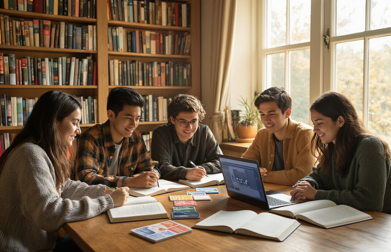 Create a realistic image of a diverse group of young adults sitting around a wooden table in a cozy study room, with open English textbooks, notebooks with handwritten notes, flashcards, and a laptop displaying language learning apps, warm natural lighting streaming through a window, creating a focused and productive learning atmosphere, with bookshelves filled with English literature in the background, absolutely NO text should be in the scene.