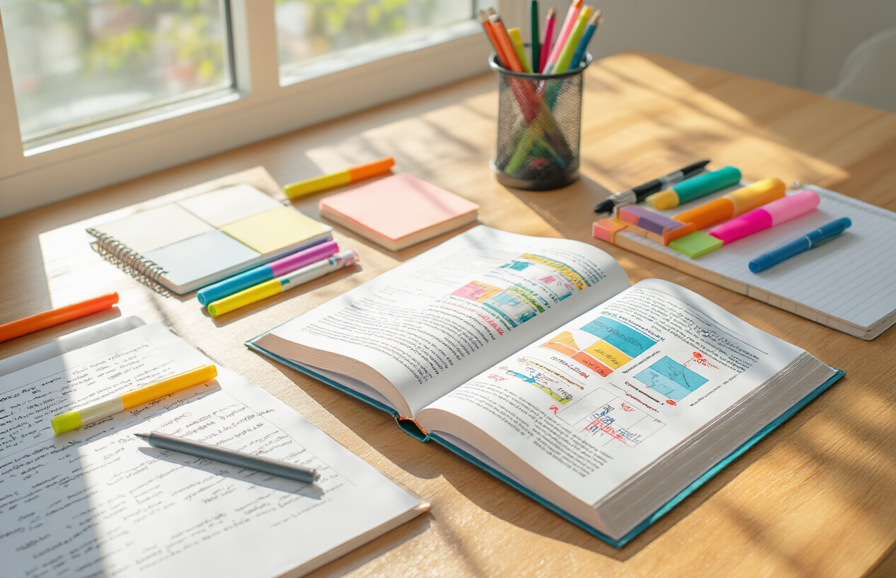 Create a realistic image of a clean wooden desk with an open English grammar textbook displaying colorful charts and diagrams, surrounded by neatly arranged study materials including highlighters, pens, sticky notes, and a notebook with handwritten grammar notes, set in a bright, well-lit modern study room with natural sunlight streaming through a window, creating a focused and organized learning atmosphere that conveys mastery and clear understanding of language rules, absolutely NO text should be in the scene.