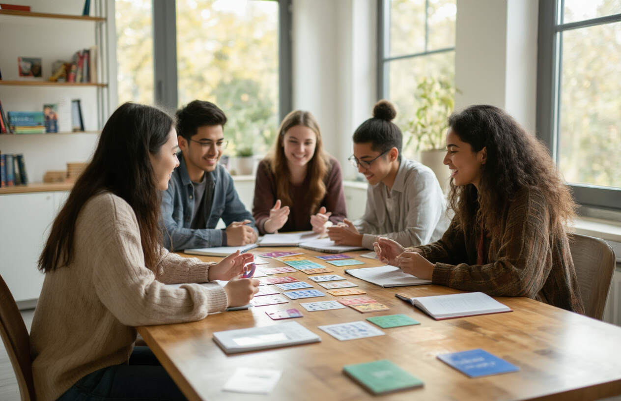 Create a realistic image of a diverse group of young adults sitting around a modern wooden table in a bright, well-lit study room, with colorful vocabulary flashcards, notebooks, and dictionaries spread across the surface, showing people actively engaged in learning with confident expressions and gestures of discussion, warm natural lighting streaming through large windows, creating an encouraging and productive learning atmosphere, absolutely NO text should be in the scene.