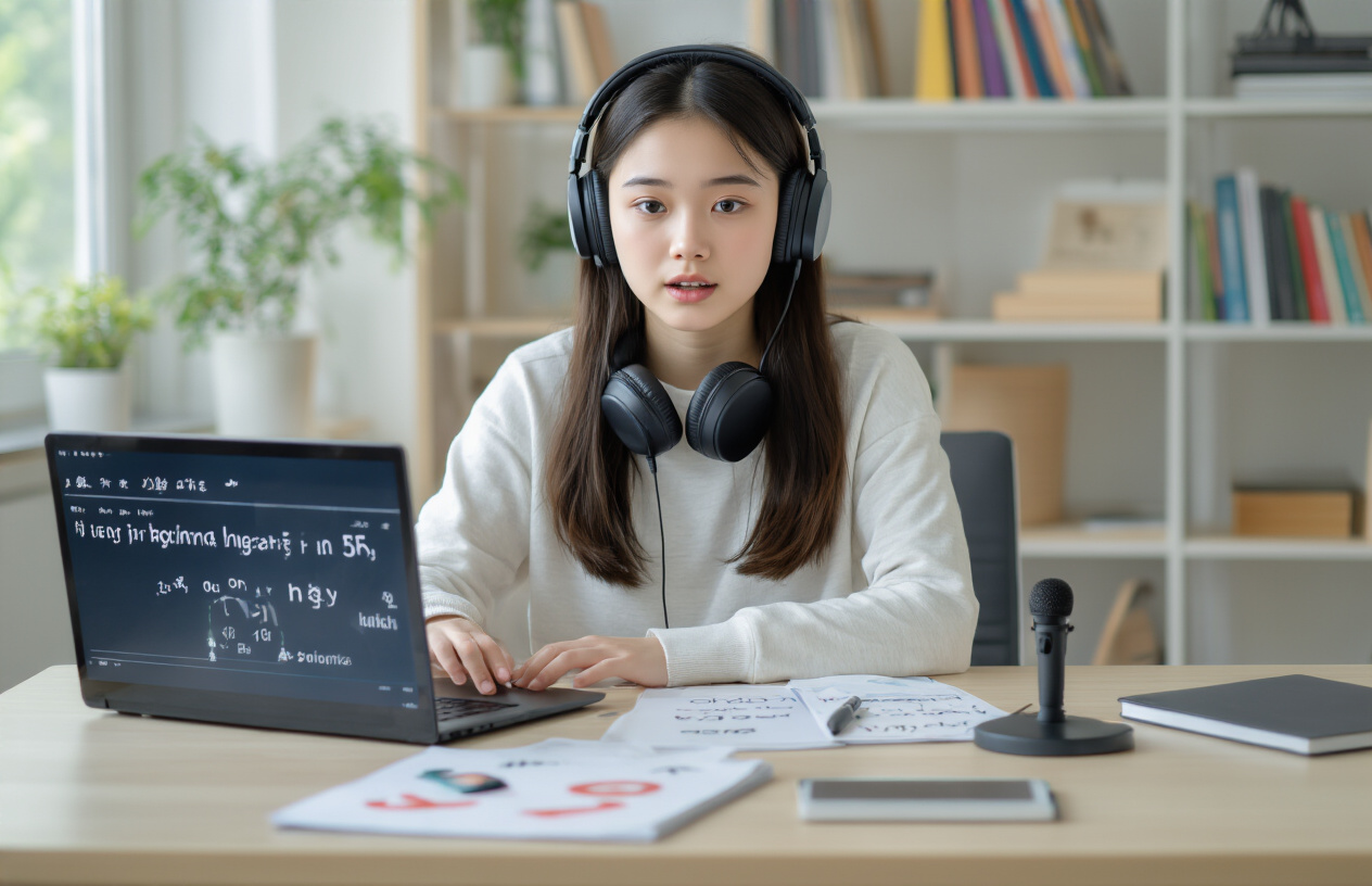 Create a realistic image of a young Asian female student sitting at a modern desk with language learning materials, practicing pronunciation while looking at a laptop screen showing phonetic symbols and pronunciation guides, with a pair of headphones around her neck, a microphone on the desk, and mouth position diagrams visible on the desk surface, set in a bright, well-lit study room with bookshelves in the background, conveying a focused and determined learning atmosphere. Absolutely NO text should be in the scene.