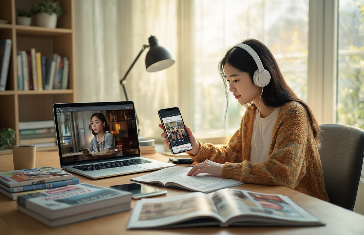Create a realistic image of a young Asian female student sitting at a modern desk surrounded by multiple English learning media sources including an open laptop displaying an English movie with subtitles, a smartphone with a language learning app, English books and magazines spread across the desk, wireless headphones, and a tablet showing an English podcast interface, all arranged in a well-lit home study environment with warm natural lighting from a nearby window, creating an immersive learning atmosphere that demonstrates engaging with various forms of English media simultaneously, absolutely NO text should be in the scene.