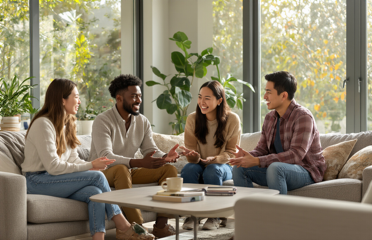 Create a realistic image of a diverse group of four people sitting around a modern coffee table in a bright, welcoming living room, engaged in animated conversation with smiles and hand gestures, featuring a white female, a black male, an Asian female, and a Hispanic male, with warm natural lighting streaming through large windows, comfortable seating, and a relaxed atmosphere that conveys friendly language exchange and learning, absolutely NO text should be in the scene.