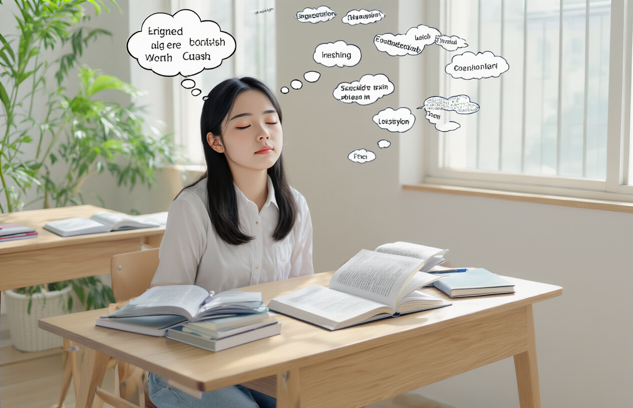 Create a realistic image of a young Asian female student sitting at a wooden desk with her eyes closed in deep concentration, with thought bubbles above her head containing English words and phrases floating around her mind, surrounded by English language learning materials like open books and notebooks on the desk, in a bright study room with natural lighting from a window, conveying a peaceful and focused mood of mental processing and thinking directly in English without translation, absolutely NO text should be in the scene.