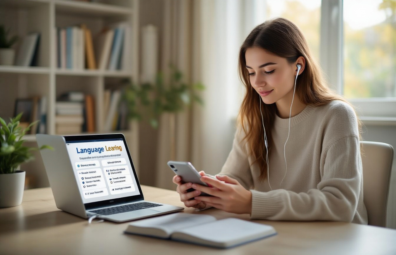 Create a realistic image of a young white female sitting at a modern desk using a smartphone and tablet simultaneously for language learning, with English learning apps visible on both device screens showing vocabulary flashcards and pronunciation exercises, earbuds connected to the devices, a laptop open in the background displaying an online English course, warm natural lighting from a window, clean contemporary home office setting with bookshelves containing language learning books, peaceful and focused learning atmosphere, absolutely NO text should be in the scene.