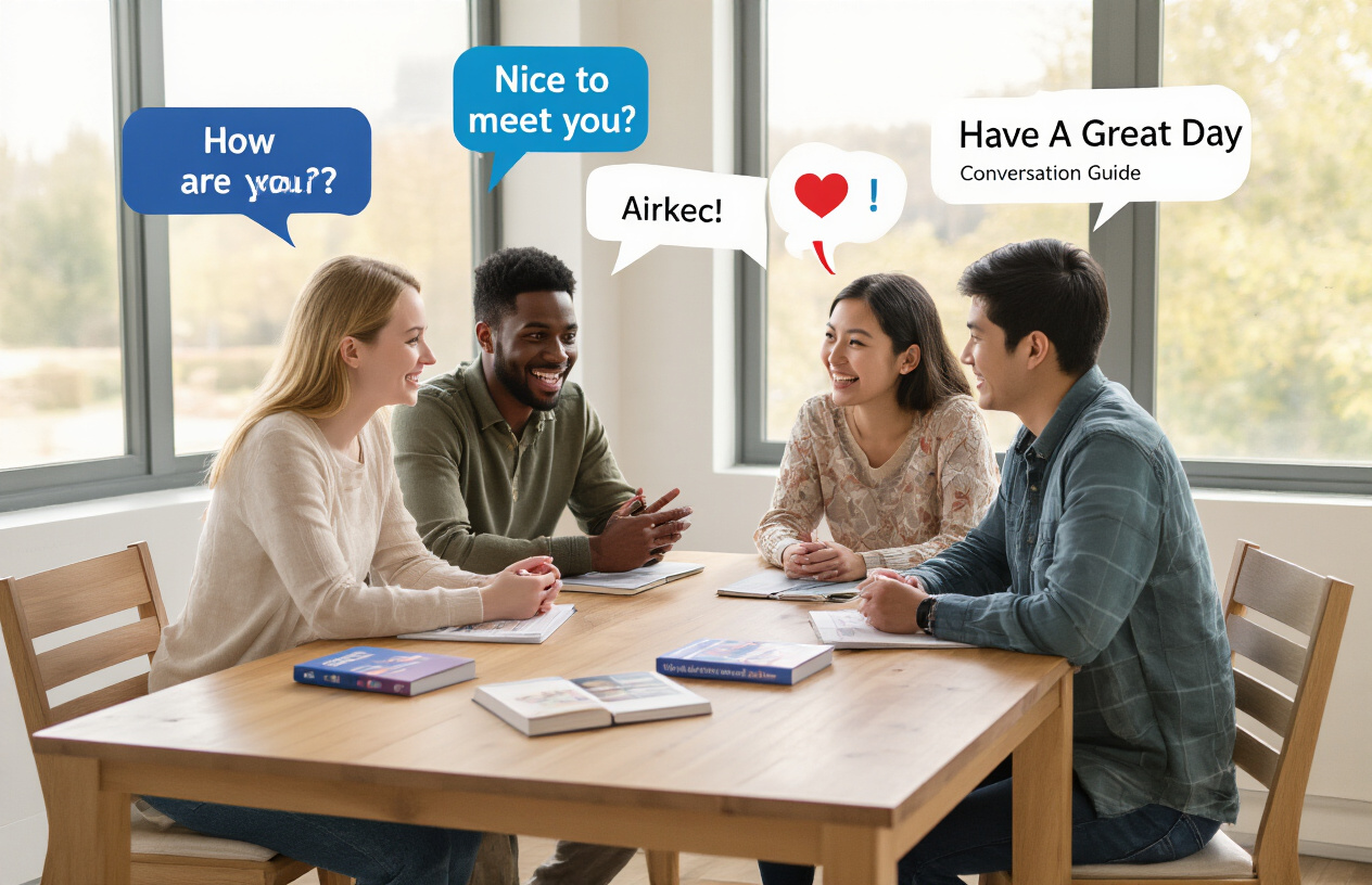 Create a realistic image of a diverse group of people including a white female, black male, and Asian female sitting around a modern wooden table in a bright, well-lit study room, engaged in animated conversation with speech bubbles floating above them containing common English phrases like "How are you?", "Nice to meet you", and "Have a great day!", with English language learning materials including phrase books and conversation guides scattered on the table, warm natural lighting streaming through large windows, creating an encouraging and friendly learning atmosphere, absolutely NO text should be in the scene.