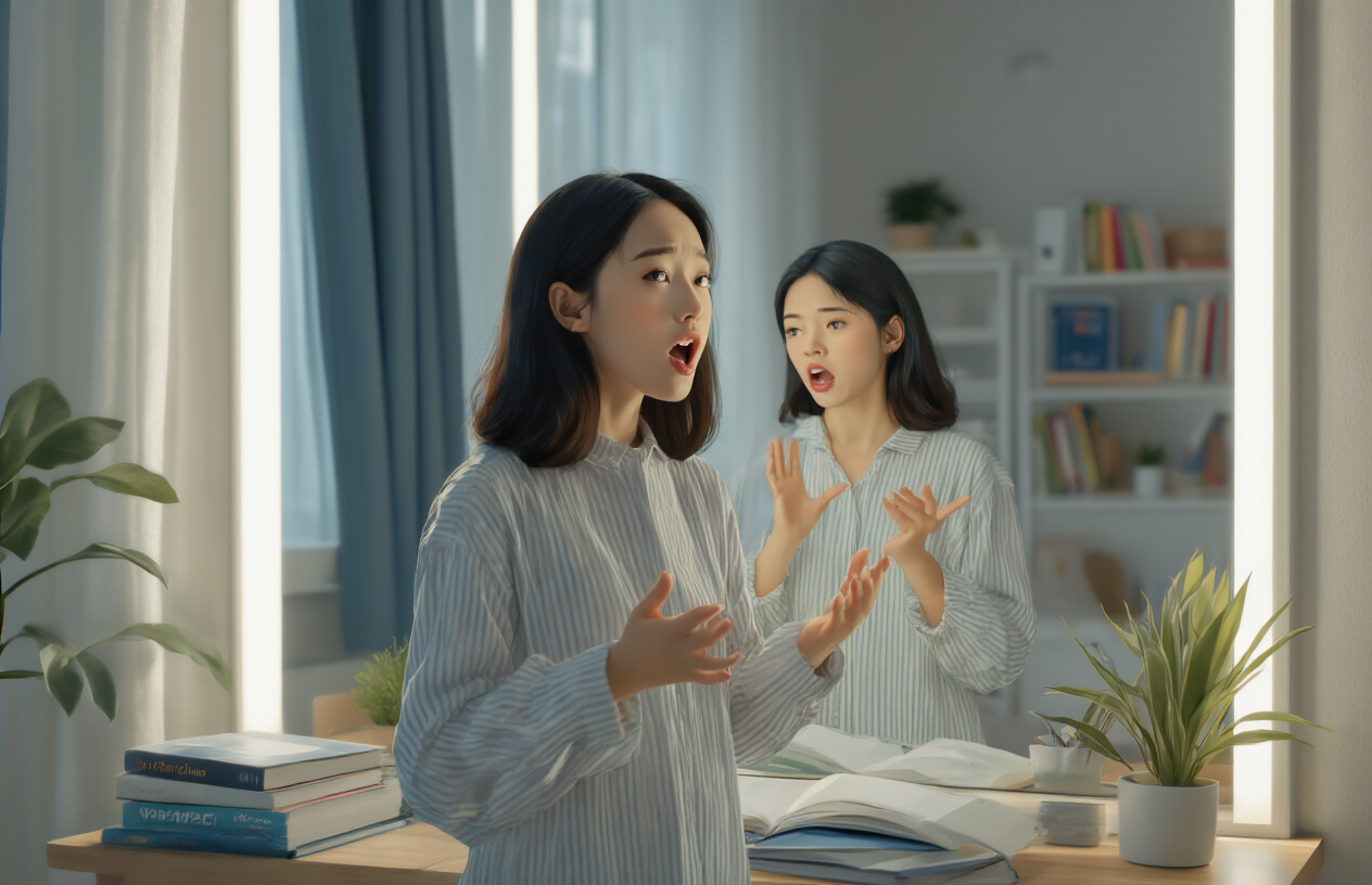 Create a realistic image of a confident young Asian female standing in front of a mirror in a bright, modern room, practicing speaking with her mouth open and hand gestures, her reflection showing a determined expression, with soft natural lighting from a window creating an uplifting atmosphere, books and language learning materials visible on a nearby desk, the scene conveying transformation from nervousness to confidence, absolutely NO text should be in the scene.