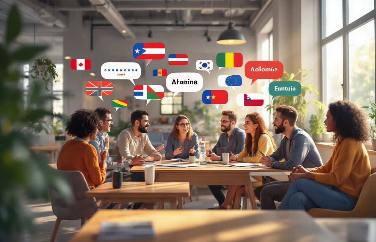 Create a realistic image of a diverse group of confident people having animated conversations in multiple languages, with speech bubbles showing different flags representing various countries, set in a modern, bright co-working space with large windows allowing natural sunlight to flood the scene, creating a warm and encouraging atmosphere that symbolizes successful multilingual communication and language mastery achievement, absolutely NO text should be in the scene.