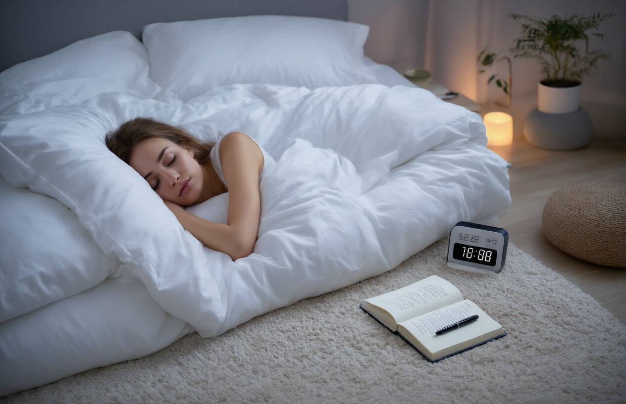Create a realistic image of a peaceful bedroom scene with a white female sleeping soundly on a comfortable bed with white linens, a bedside table displaying a digital clock showing nighttime hours, soft ambient lighting from a small lamp, and subtle elements suggesting stress relief like a meditation cushion on the floor, a journal with a pen nearby, and a small plant, all conveying a serene atmosphere that promotes rest and relaxation for weight loss success, absolutely NO text should be in the scene.