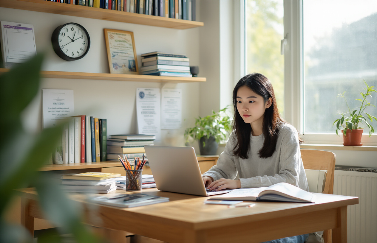 Create a realistic image of a focused Asian female college student sitting at a well-organized wooden desk in a bright study room, with textbooks, notebooks, and a laptop arranged neatly, a wall clock showing good time management, academic awards and certificates visible on the wall behind her, natural daylight streaming through a window creating a productive and successful learning atmosphere, with the student appearing confident and accomplished while reviewing her study materials. Absolutely NO text should be in the scene.
