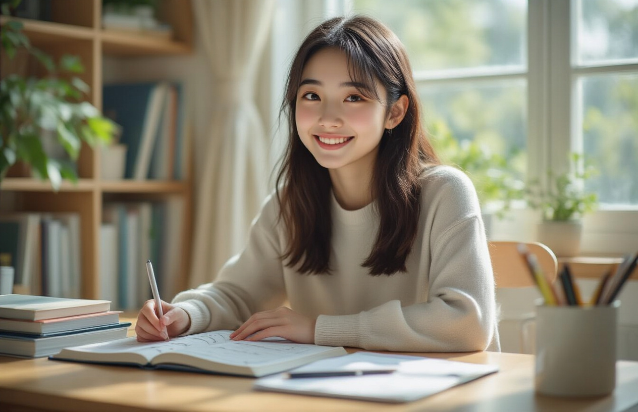 Create a realistic image of a calm and peaceful young Asian female student sitting at a clean, organized desk in a bright, naturally lit room, with a gentle smile on her face while looking at a neatly arranged study schedule or planner, surrounded by organized books and stationery, with soft natural lighting streaming through a window, creating a serene atmosphere that conveys reduced stress and improved mental well-being through effective time management, absolutely NO text should be in the scene.