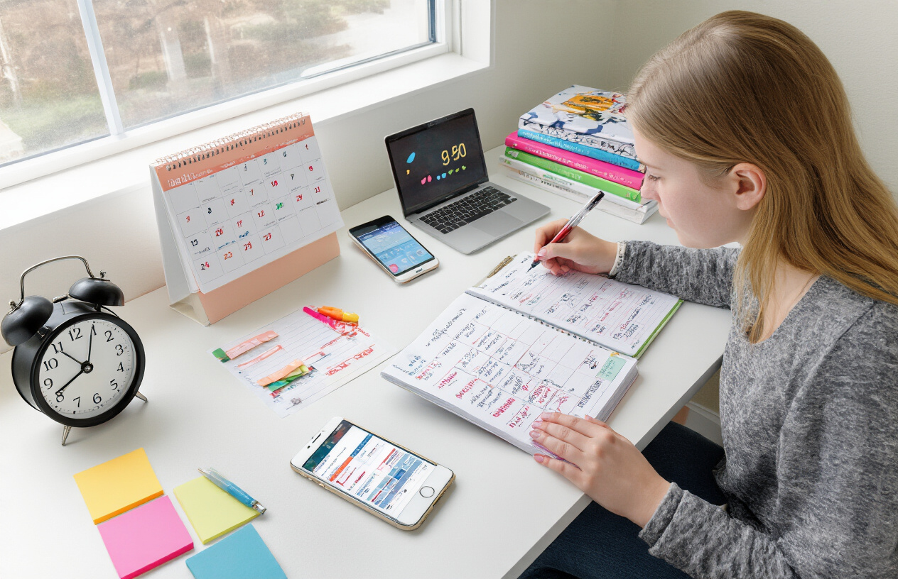 Create a realistic image of a young white female college student sitting at a modern desk with essential time management tools spread around her including a wall calendar with colorful date markers, an open planner with handwritten schedules, a smartphone displaying a productivity app, colorful sticky notes, a digital alarm clock showing specific time, and organized textbooks stacked neatly, with the student actively writing in her planner using a pen, set in a bright well-lit dorm room or study space with natural lighting from a window, creating a focused and organized atmosphere that demonstrates effective time management skills, absolutely NO text should be in the scene.