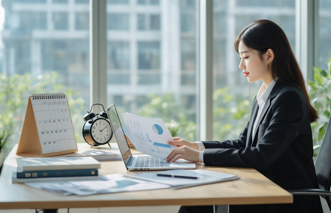 Create a realistic image of a young Asian female student in business attire sitting at a modern desk in a bright office environment, organizing documents and using a laptop while checking a wall clock, with a professional calendar, planner, and business books visible on the desk, natural daylight streaming through large windows creating a productive atmosphere that conveys preparation for professional success, absolutely NO text should be in the scene.