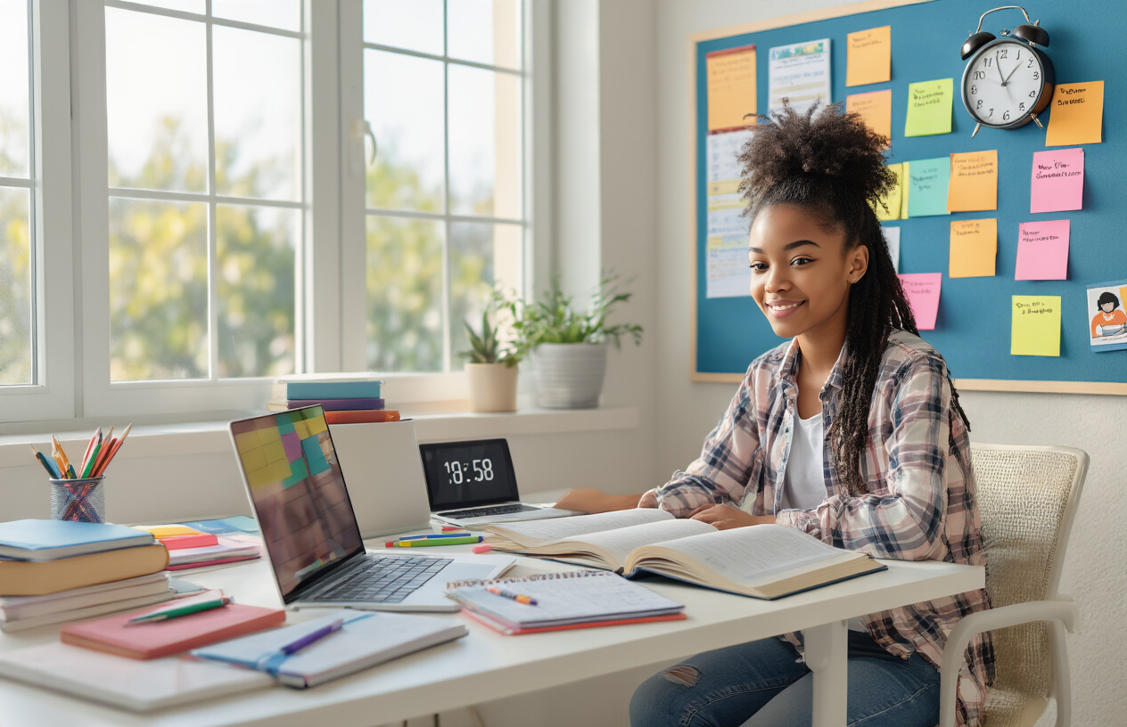 Create a realistic image of a young black female student sitting at a modern desk with multiple open books, a laptop, colorful sticky notes arranged on a bulletin board showing different subject schedules, a digital clock displaying time, and a planner with organized daily activities visible, surrounded by educational materials like pens, highlighters, and notebooks in a bright, well-lit study room with natural sunlight streaming through a window, conveying focus and productivity. Absolutely NO text should be in the scene.