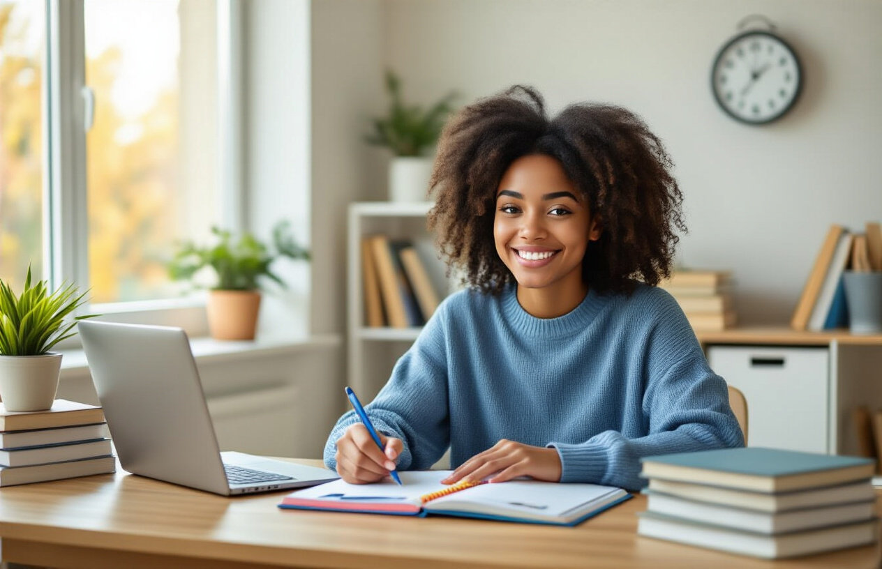 Create a realistic image of a young black female college student sitting at a wooden desk in a bright, well-organized study room, wearing a casual blue sweater, smiling confidently while closing a notebook and checking items off a colorful planner with a pen, surrounded by neatly stacked textbooks, a laptop, a small potted plant, and a wall clock showing late afternoon time, with warm natural sunlight streaming through a window in the background creating a peaceful and accomplished atmosphere, conveying success and effective time management, absolutely NO text should be in the scene.