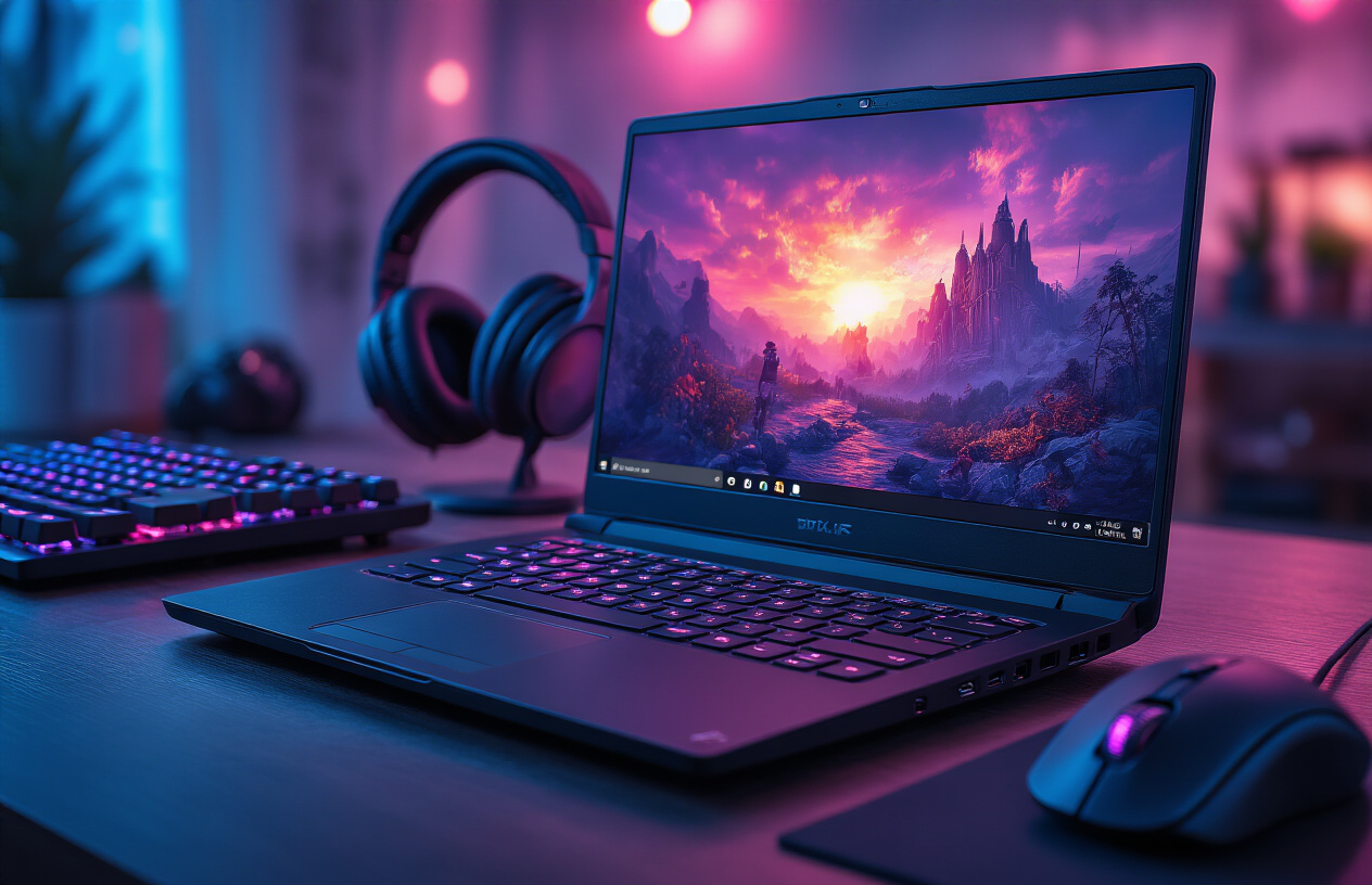 Create a realistic image of a sleek gaming laptop with its screen open displaying colorful gaming graphics, surrounded by key gaming accessories including a gaming mouse, mechanical keyboard, and headphones on a modern desk setup, with soft ambient lighting highlighting the laptop's design features and ports, creating a tech-focused atmosphere that emphasizes performance and value, absolutely NO text should be in the scene.