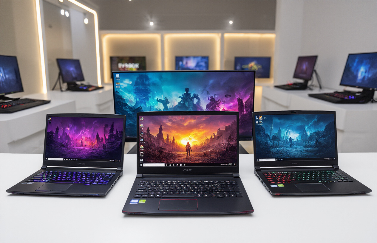 Create a realistic image of multiple premium gaming laptops from different well-known brands arranged on a clean white surface, each laptop displaying colorful gaming graphics on their screens, with price tags showing amounts under 50000, modern lighting highlighting the sleek designs and RGB keyboard backlighting, shot from a slightly elevated angle in a contemporary tech showroom setting, absolutely NO text should be in the scene.