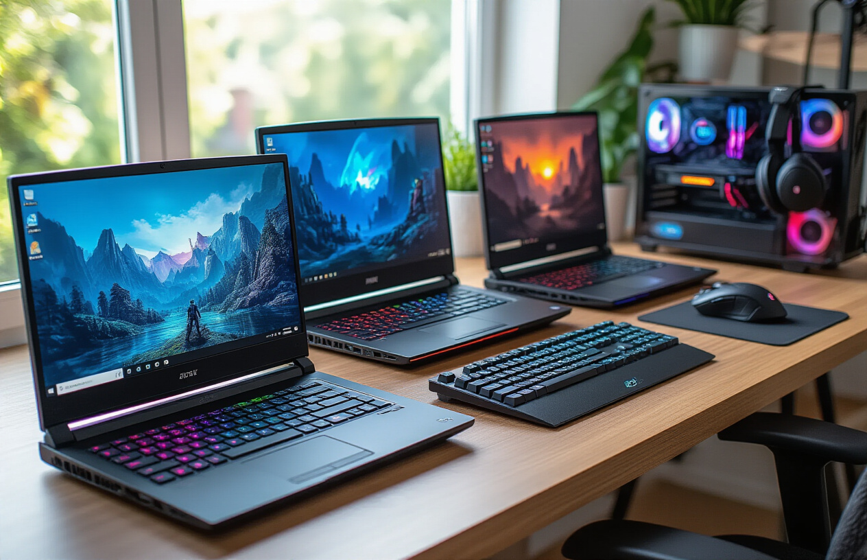 Create a realistic image of multiple modern gaming laptops arranged in a professional review setup on a clean wooden desk, featuring sleek black and RGB-lit laptops with their screens open displaying colorful gaming graphics, surrounded by gaming accessories like a mechanical keyboard, gaming mouse, and headphones, with soft natural lighting from a window creating a professional tech review atmosphere, shot from a slightly elevated angle to showcase the laptop screens and overall setup, absolutely NO text should be in the scene.