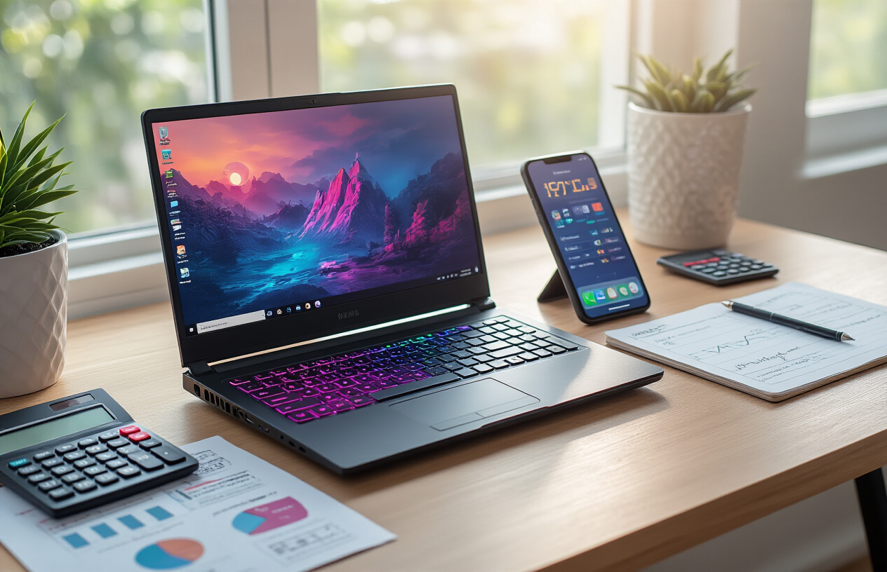 Create a realistic image of a modern desk setup showing a sleek gaming laptop with RGB keyboard lighting displayed prominently in the center, surrounded by scattered price comparison charts, calculator, smartphone displaying budget apps, and a notepad with handwritten notes, all arranged on a clean wooden desk surface with soft natural lighting from a nearby window, creating a focused and organized atmosphere for smart shopping research, absolutely NO text should be in the scene.