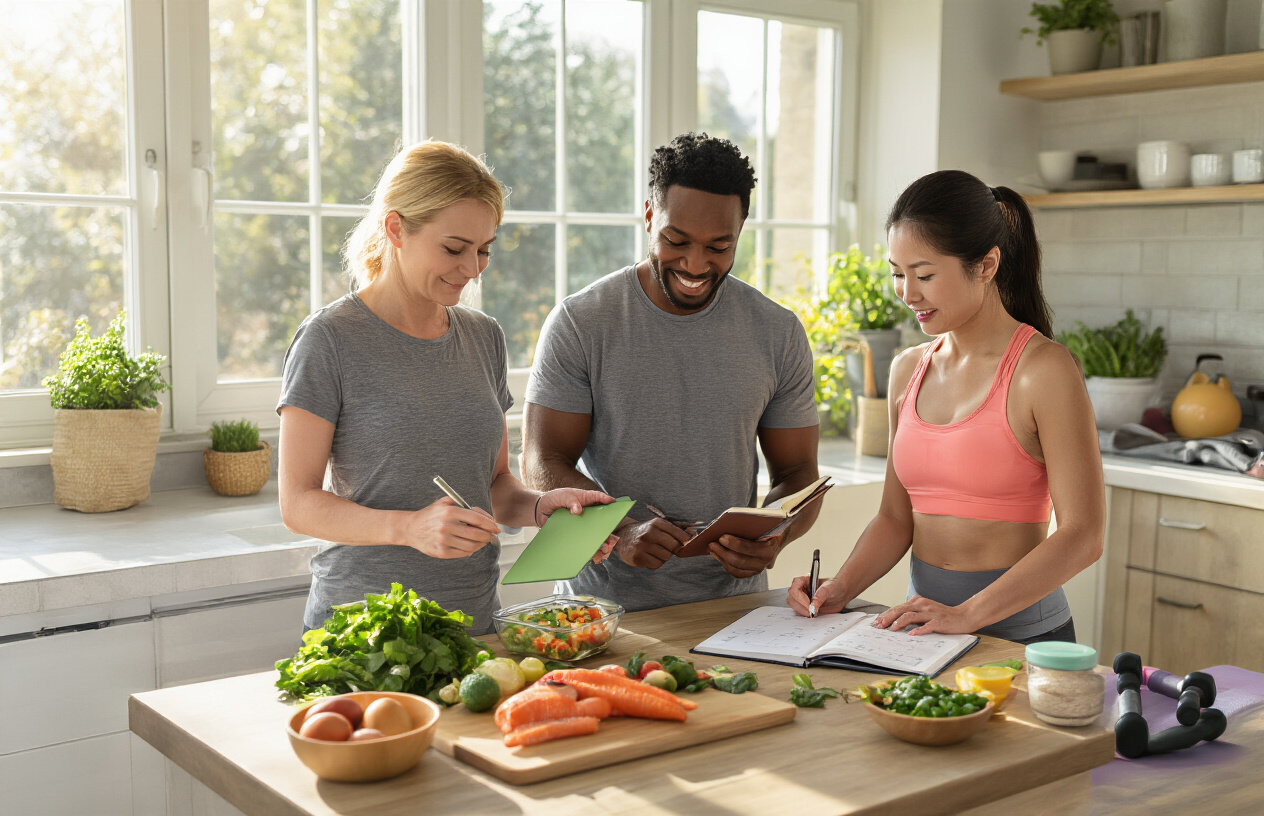 Create a realistic image of a diverse group of people including a white female, black male, and Asian female in their 30s and 40s engaged in healthy lifestyle activities such as meal prepping with fresh vegetables and lean proteins on a kitchen counter, with one person writing in a habit tracking journal, exercise equipment like yoga mats and dumbbells visible in the background, natural lighting streaming through a window creating a warm and motivating atmosphere that conveys commitment to long-term wellness, absolutely NO text should be in the scene.