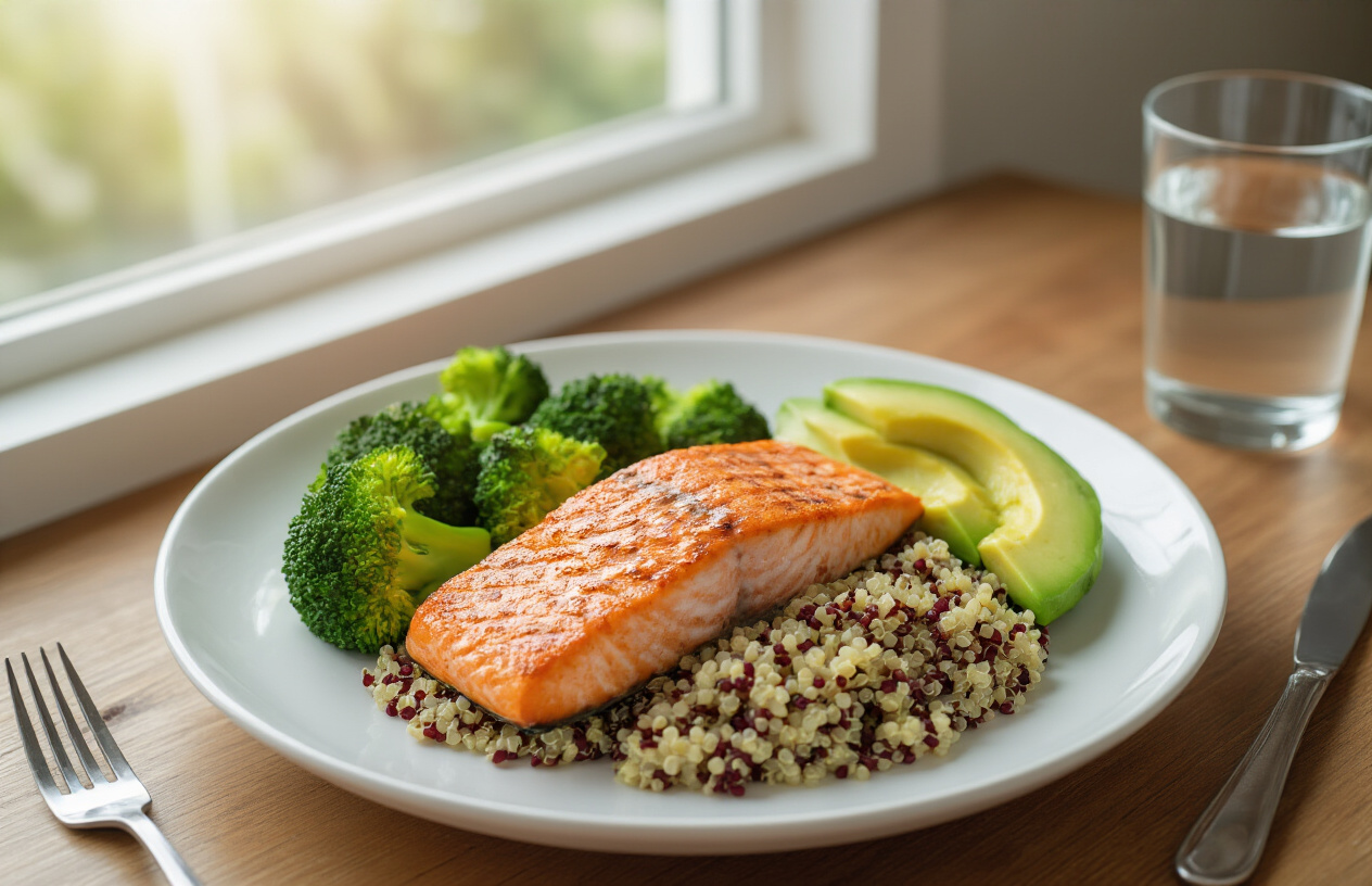 Create a realistic image of a balanced, colorful meal on a white ceramic plate featuring grilled salmon, steamed broccoli, quinoa, and a small portion of avocado slices, placed on a clean wooden dining table with a glass of water and a fork beside the plate, soft natural lighting from a nearby window creating a warm and healthy atmosphere, absolutely NO text should be in the scene.