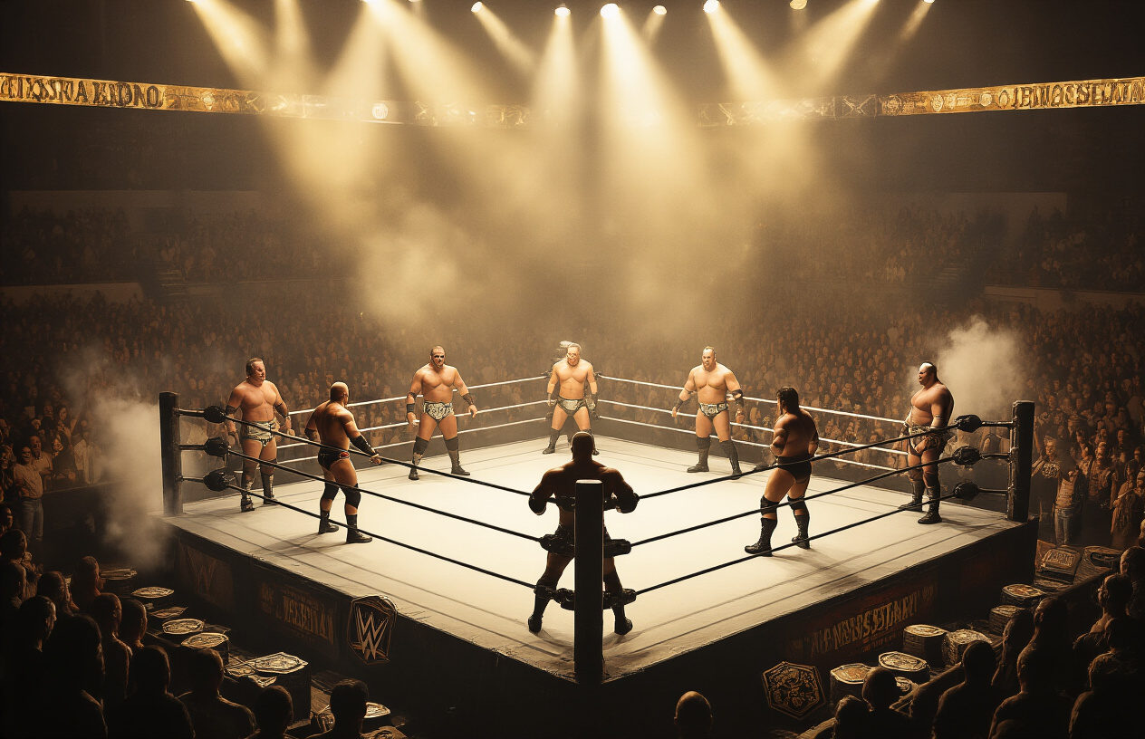 Create a realistic image of a dramatic wrestling arena with spotlights illuminating a professional wrestling ring in the center, showing silhouettes of multiple male wrestlers of diverse races (white, black, Hispanic) in iconic wrestling poses and championship belts, with a crowd of cheering fans in the background seats, golden lighting creating an epic and legendary atmosphere, smoke effects around the ring, and vintage wrestling memorabilia scattered around the scene including old championship titles and wrestling boots, capturing the grandeur and history of professional wrestling entertainment, absolutely NO text should be in the scene.