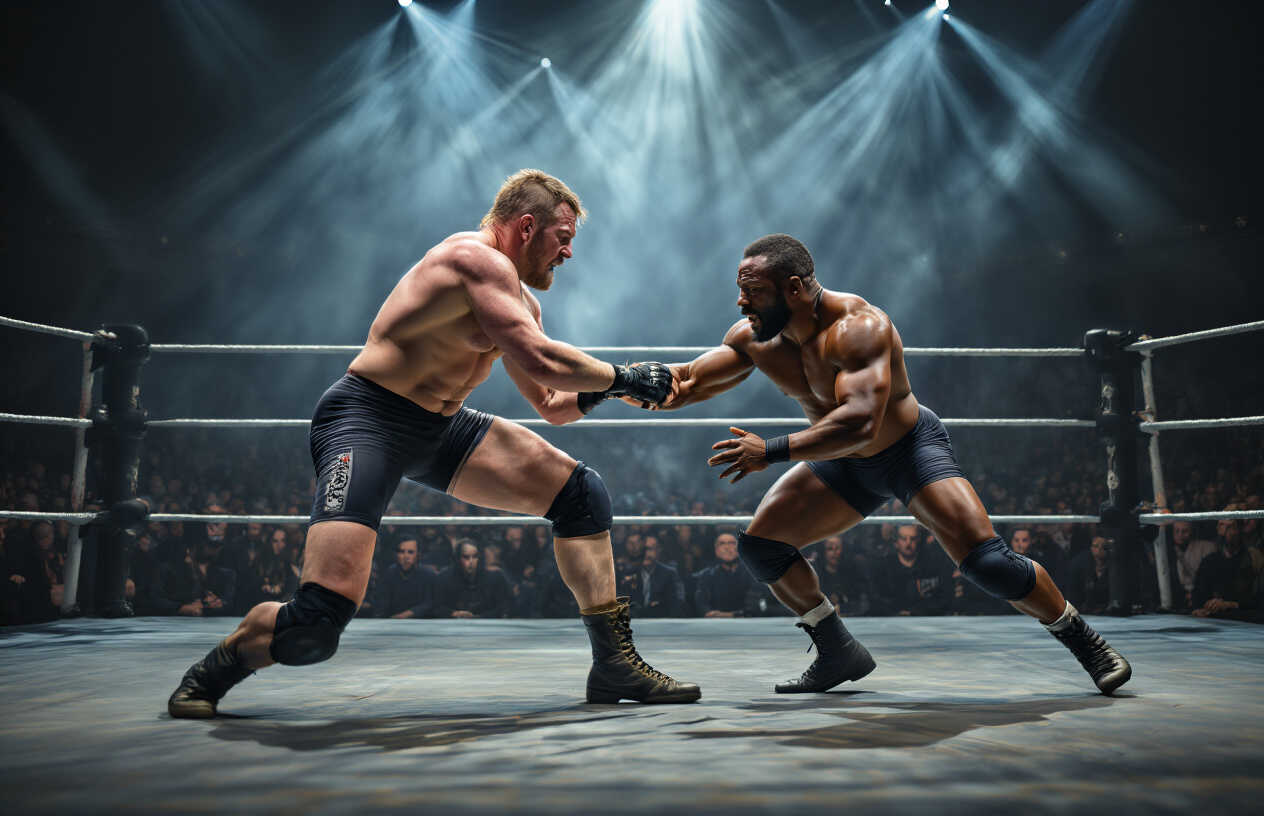 Create a realistic image of two professional male wrestlers of different races (one white, one black) demonstrating technical wrestling moves in a wrestling ring, with one executing a precise submission hold while the other shows defensive technique, dramatic arena lighting casting dynamic shadows across the canvas, crowd silhouettes visible in the darkened background, emphasizing athleticism and skill over entertainment spectacle, focused and intense mood showcasing the artistry of technical wrestling competition. Absolutely NO text should be in the scene.