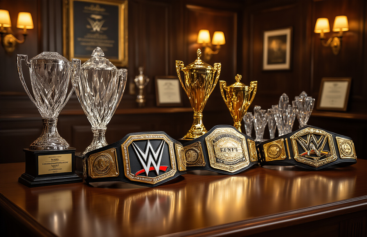 Create a realistic image of multiple championship wrestling belts and trophies arranged on a polished wooden display table, with golden lighting highlighting the metallic surfaces of the awards, including WWE championship belts with ornate designs and leather straps, crystal trophies of various sizes, and framed certificates in the background, set in an upscale trophy room with dark wood paneling and warm ambient lighting that creates a prestigious atmosphere, absolutely NO text should be in the scene.