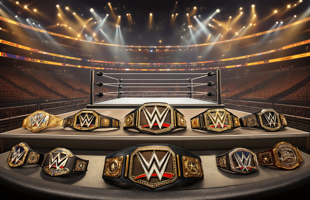 Create a realistic image of a WWE wrestling arena with multiple championship belts prominently displayed on a podium or table in the foreground, with an empty wrestling ring in the background under dramatic arena lighting, creating an atmosphere of prestige and accomplishment that represents the pinnacle of professional wrestling achievement, with the arena seats visible but empty to focus attention on the championship belts, using warm golden lighting to highlight the metallic surfaces of the belts, absolutely NO text should be in the scene.