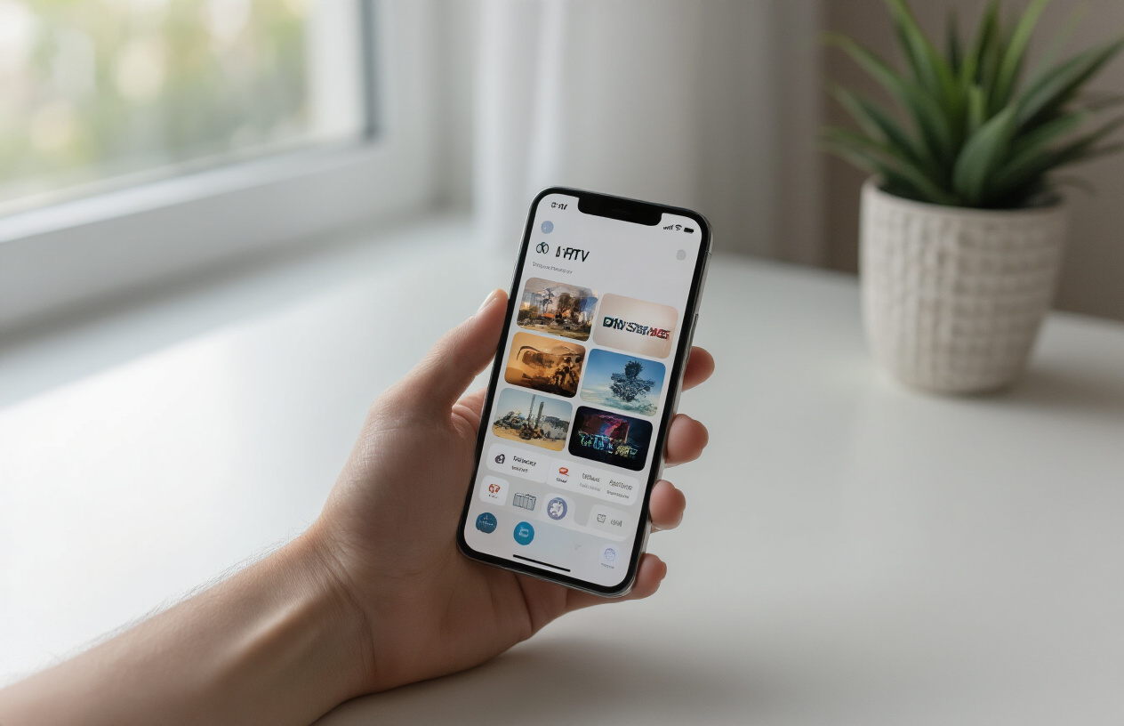 Create a realistic image of hands holding a modern iPhone with the screen displaying IPTV app interface showing streaming channels and settings options, positioned on a clean white desk surface with soft natural lighting from a nearby window, focusing on the device screen and setup process, absolutely NO text should be in the scene.