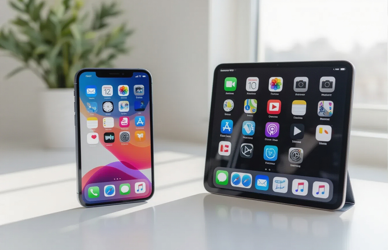 Create a realistic image of an iPhone and iPad displaying colorful app icons on their screens, positioned side by side on a clean white desk surface, with soft natural lighting from a window creating gentle shadows, showing various streaming media app interfaces with play buttons and video thumbnails visible on the devices, in a modern minimalist setting with a blurred background, absolutely NO text should be in the scene.
