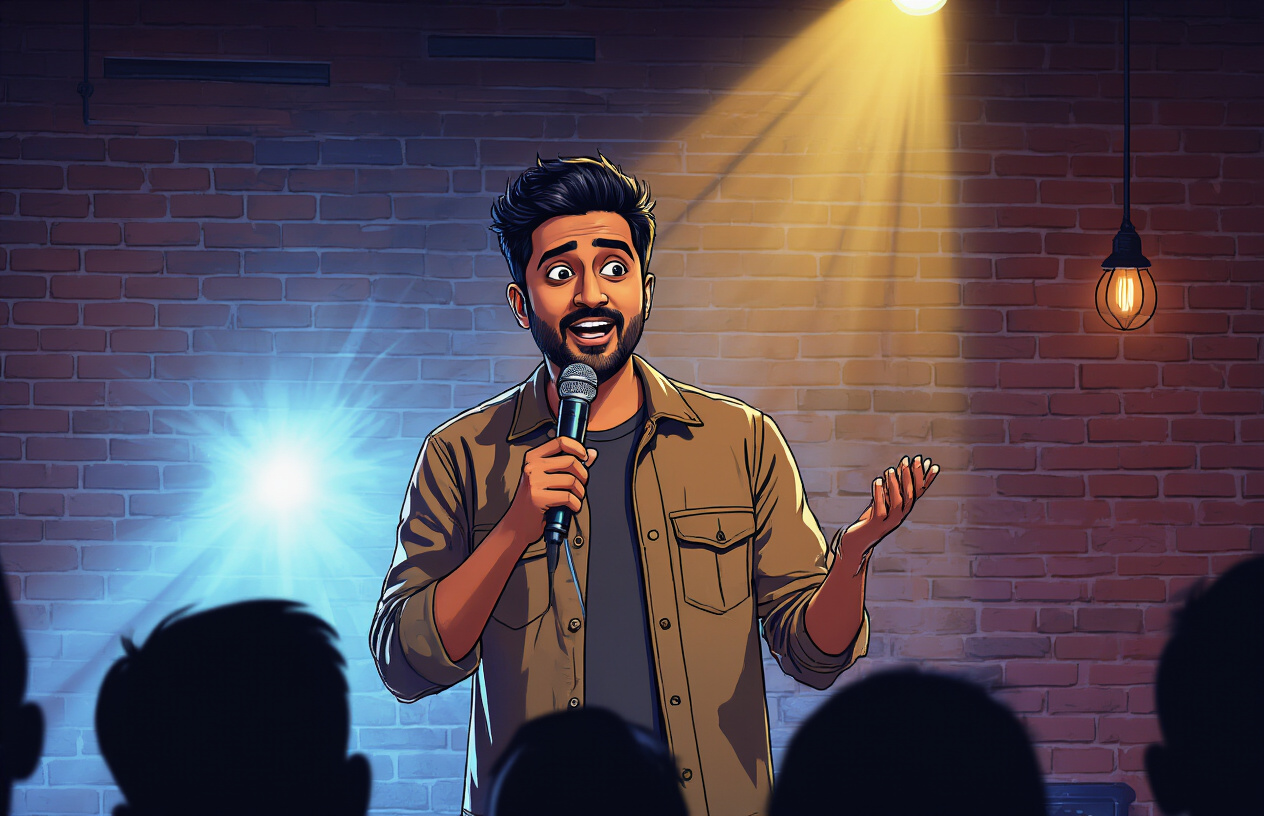 Create a realistic image of a South Asian male comedian performing on stage at a comedy club, holding a microphone with confident body language, warm stage lighting creating a spotlight effect, audience silhouettes visible in the darkened background, modern comedy venue setting with brick walls, the performer wearing casual contemporary clothing, capturing the energy and atmosphere of a live stand-up comedy performance, absolutely NO text should be in the scene.