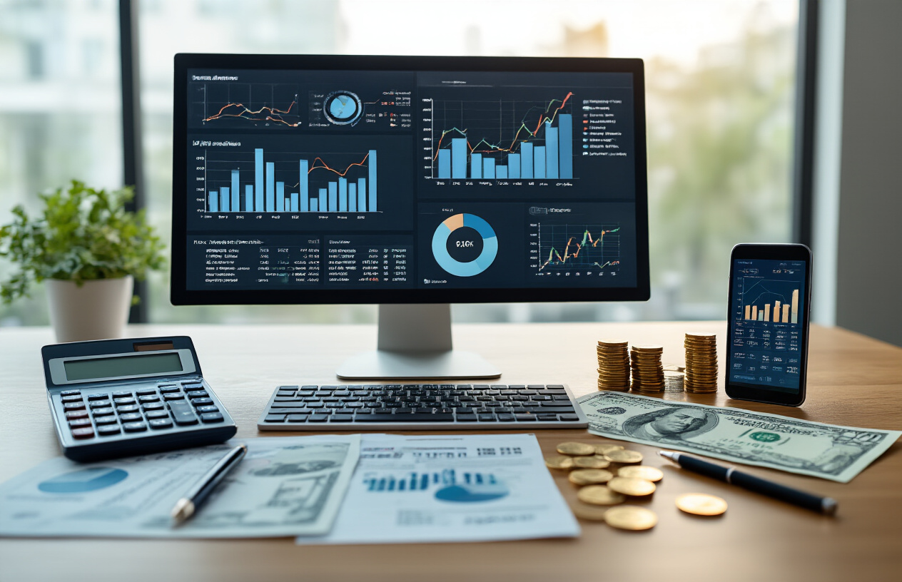 Create a realistic image of a modern financial analysis workspace featuring a sleek desk with multiple financial charts, graphs, and pie charts displayed on a large computer monitor, scattered financial documents and calculators, Indian rupee currency notes and coins arranged neatly, a smartphone showing financial apps, professional financial planning tools like a calculator and pen, with a clean contemporary office background, warm natural lighting from a window, creating a professional and analytical atmosphere, Absolutely NO text should be in the scene.