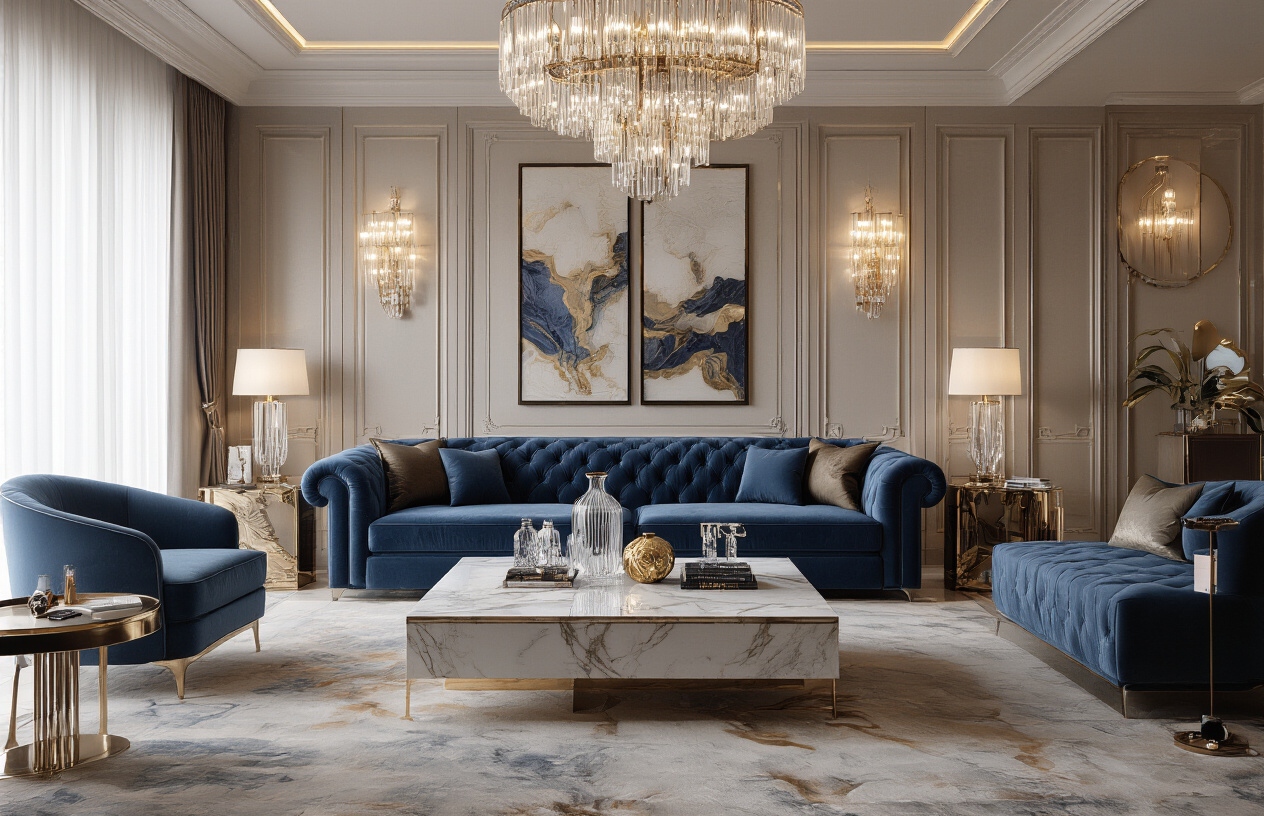 Create a realistic image of a luxurious modern living room featuring expensive furniture including a plush velvet sofa, marble coffee table, and designer decor items like crystal vases and premium artwork on walls, with warm ambient lighting from elegant chandeliers and floor lamps, showcasing opulent lifestyle choices through high-end electronics, luxury watches displayed on a side table, premium leather accessories, and sophisticated interior design elements in rich colors like deep blues and golds, captured in soft natural lighting that emphasizes the lavish atmosphere, absolutely NO text should be in the scene.