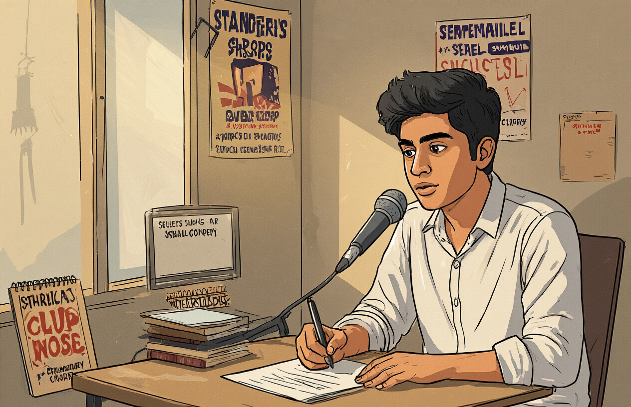 Create a realistic image of a young South Asian male in his early twenties sitting at a modest desk in a small room, writing comedy scripts or performing stand-up comedy on a small stage with a microphone, showing the journey from humble beginnings to entertainment success, warm lighting creating an inspiring atmosphere of determination and artistic passion, with comedy club posters and notebooks scattered around, capturing the essence of a comedian's early career development and rise in the entertainment industry, absolutely NO text should be in the scene.