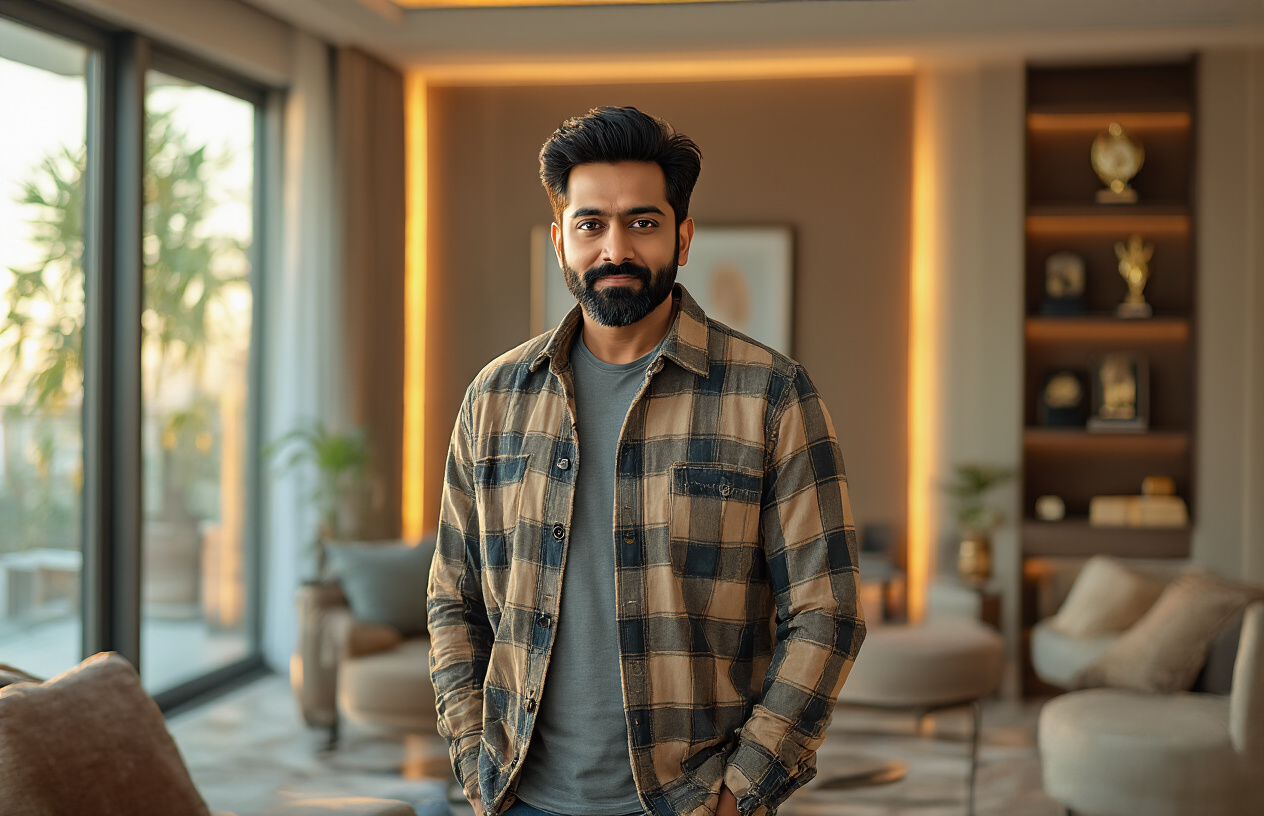 Create a realistic image of a successful Indian male comedian in his 30s with a beard, wearing casual stylish clothing, standing confidently in a modern luxurious living room with contemporary furniture, soft warm lighting creating an aspirational atmosphere, expensive items subtly visible in the background including awards or trophies on shelves, representing achievement and success in entertainment industry, warm golden hour lighting streaming through large windows, absolutely NO text should be in the scene.