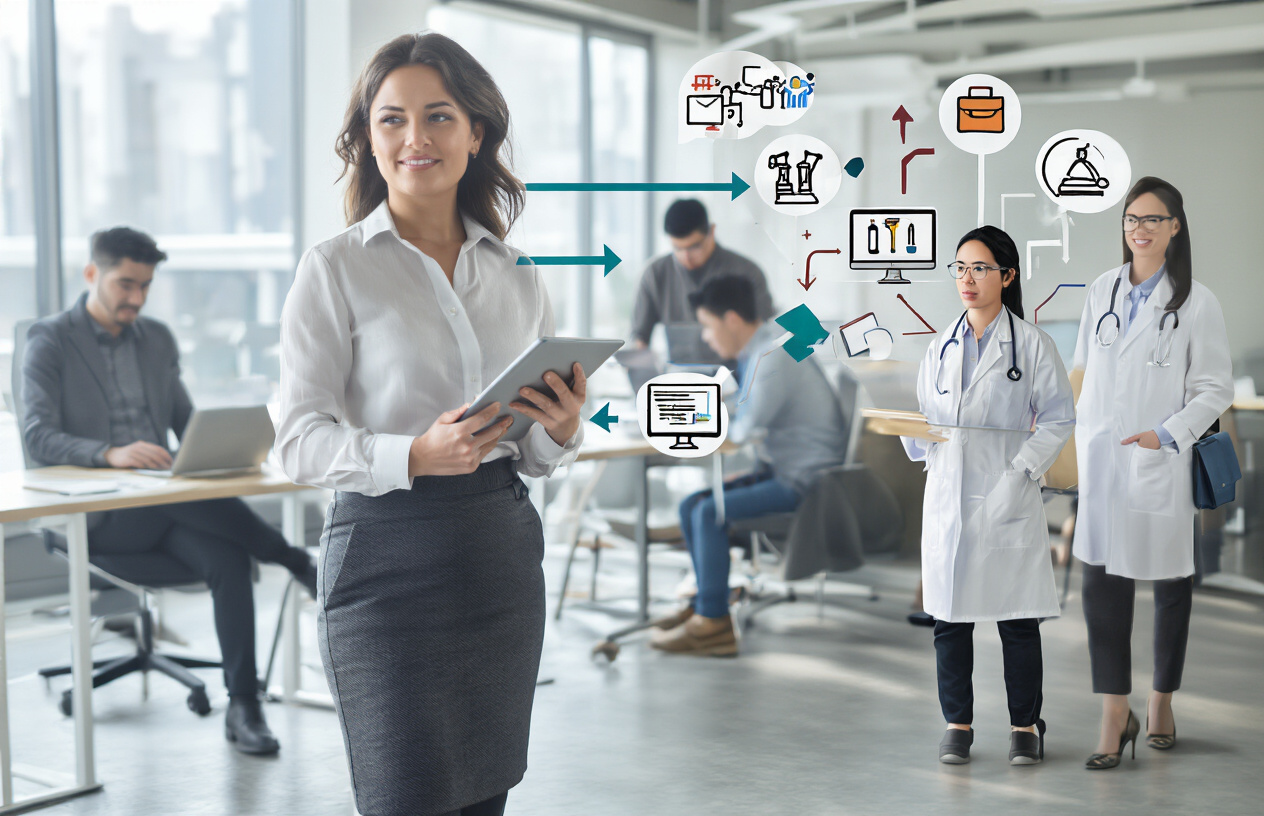 Create a realistic image of a diverse group of professionals in a modern office environment showing career transition pathways, featuring a white female in business attire holding a tablet, a black male in casual professional clothing working at a laptop, and an Asian female in a lab coat transitioning to a business suit, with visual elements like branching arrows, multiple career symbols (briefcase, stethoscope, gavel, computer), and a bright, optimistic atmosphere with natural lighting streaming through large windows, conveying transformation and opportunity beyond traditional engineering roles, absolutely NO text should be in the scene.