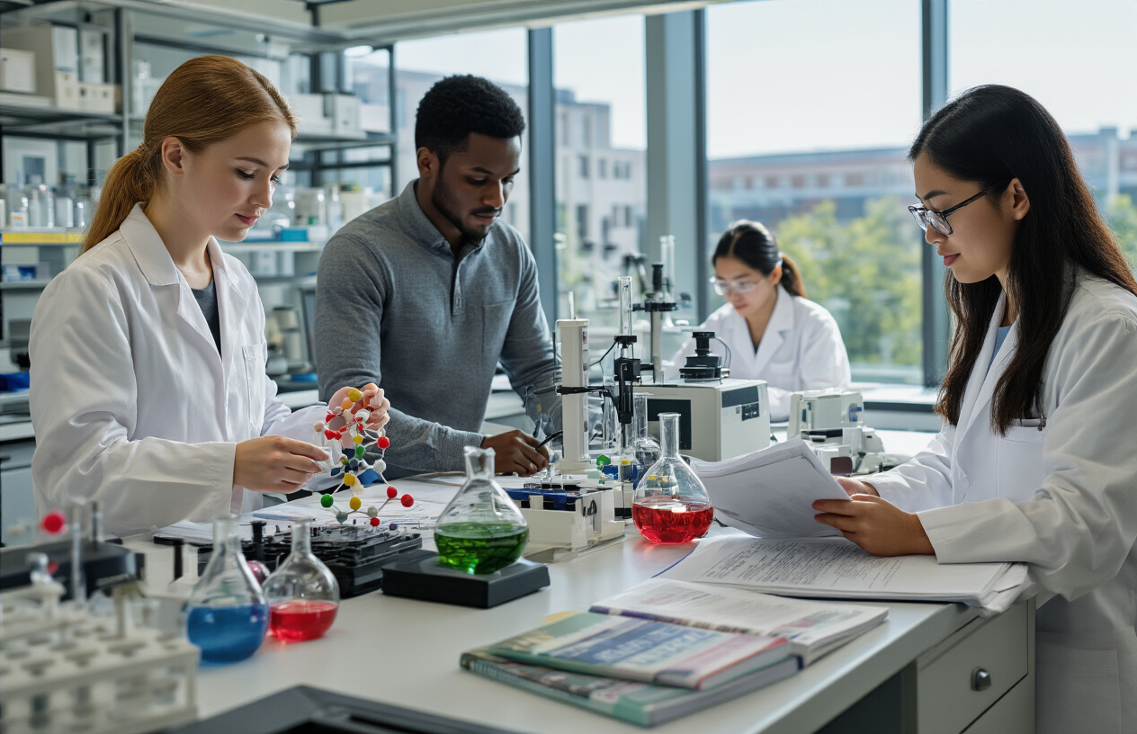 Create a realistic image of a diverse group of graduate students in a modern university laboratory setting, including a white female student examining molecular models, a black male student working with advanced chemical equipment, and an Asian female student reviewing research papers at a desk with chemistry textbooks and scientific journals, surrounded by sophisticated laboratory apparatus like spectrometers and computer workstations, with large windows showing a university campus in the background, bright natural lighting creating a professional academic atmosphere, absolutely NO text should be in the scene.