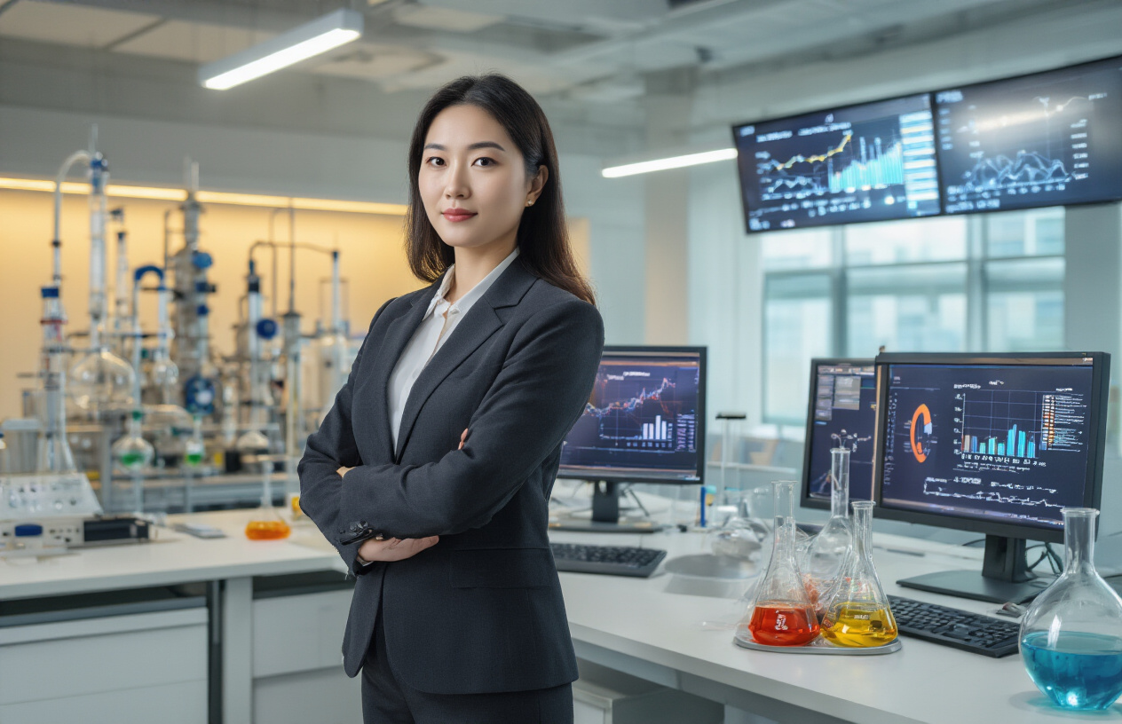 Create a realistic image of a professional Asian female chemical engineer in business attire standing confidently in a modern office setting, with financial growth charts and salary progression graphs displayed on wall monitors behind her, laboratory equipment and chemical process diagrams visible in the background, warm professional lighting highlighting her successful demeanor, conveying career advancement and financial success in the chemical engineering field, Absolutely NO text should be in the scene.