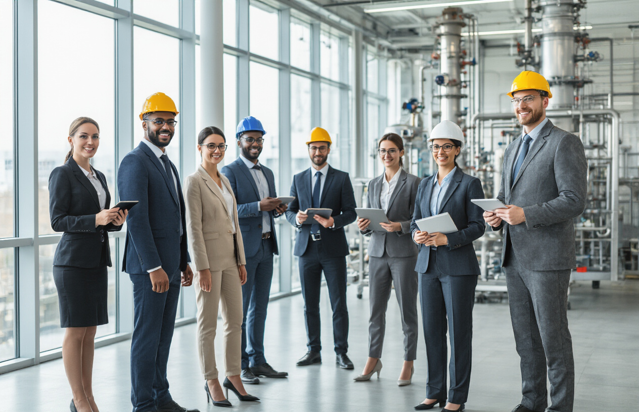 Create a realistic image of a diverse group of chemical engineering professionals in modern business attire standing confidently in a bright, contemporary office environment with large windows, some holding tablets or documents, with industrial chemical plant equipment visible in the background through the windows, conveying success and career achievement in a clean, professional atmosphere with natural lighting, absolutely NO text should be in the scene.