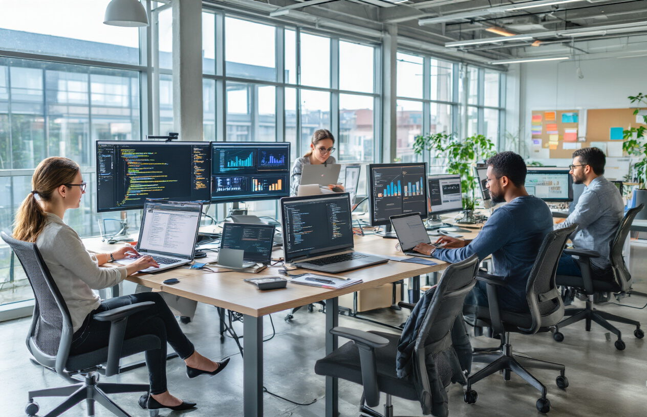 Create a realistic image of a diverse group of professionals working in different computer science industries, featuring a white female software developer coding on a laptop, a black male data scientist analyzing charts on multiple monitors, an Asian female cybersecurity expert monitoring network systems, and a Hispanic male mobile app developer testing applications on various devices, all situated in a modern open-plan office environment with glass walls, contemporary furniture, and natural lighting streaming through large windows, creating a collaborative and innovative atmosphere that showcases the variety of career paths available in computer science engineering across multiple industry sectors, absolutely NO text should be in the scene.