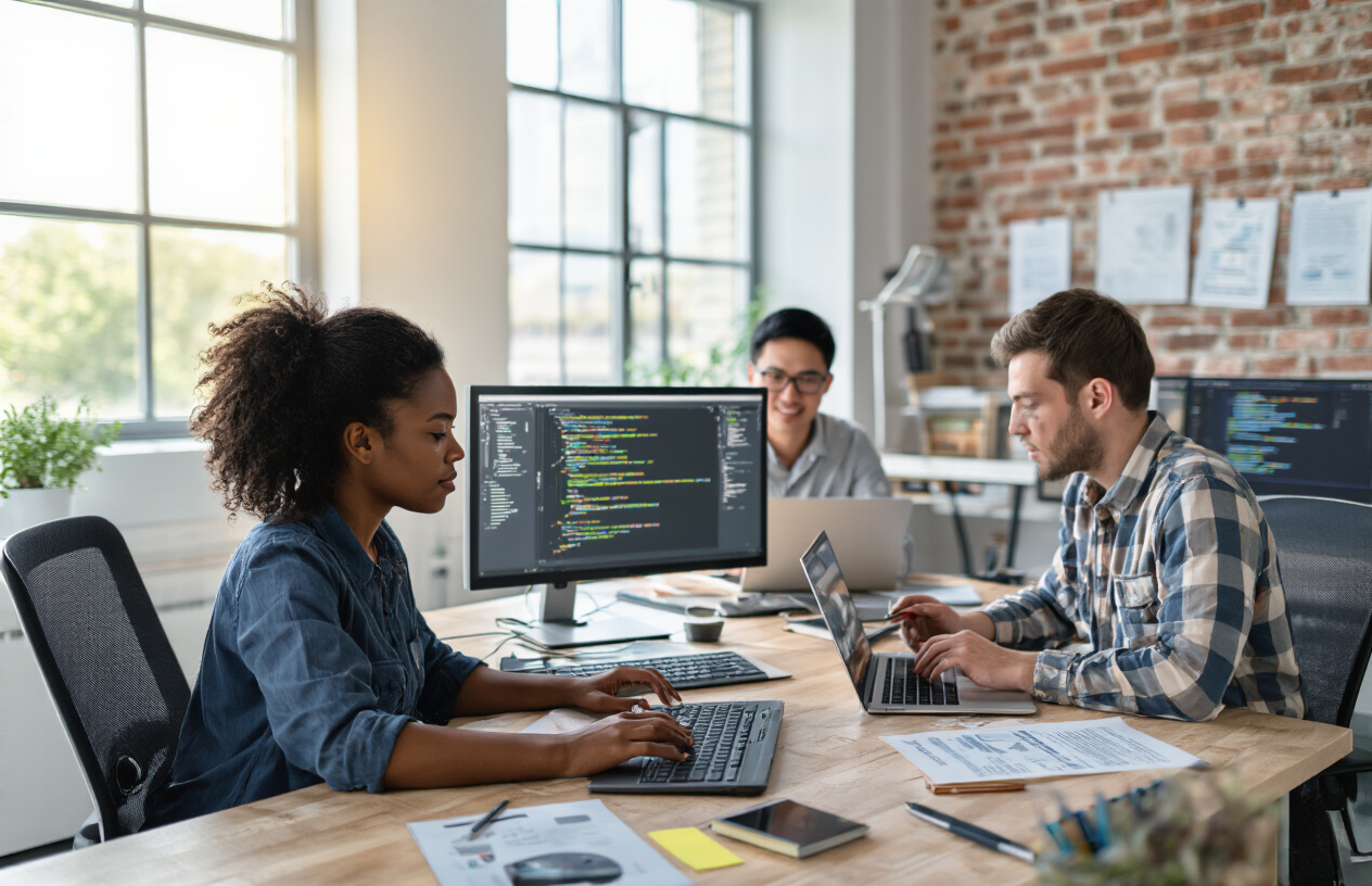Create a realistic image of a diverse group of young professionals in a modern office setting engaged in skill development activities - a black female software engineer working on code on dual monitors, an Asian male developer participating in an online certification course on a laptop, and a white male programmer reviewing technical documentation while taking notes, with visible elements like programming books, certificates on the wall, and technology equipment in the background, bright natural lighting from large windows creating a focused and productive atmosphere, absolutely NO text should be in the scene.